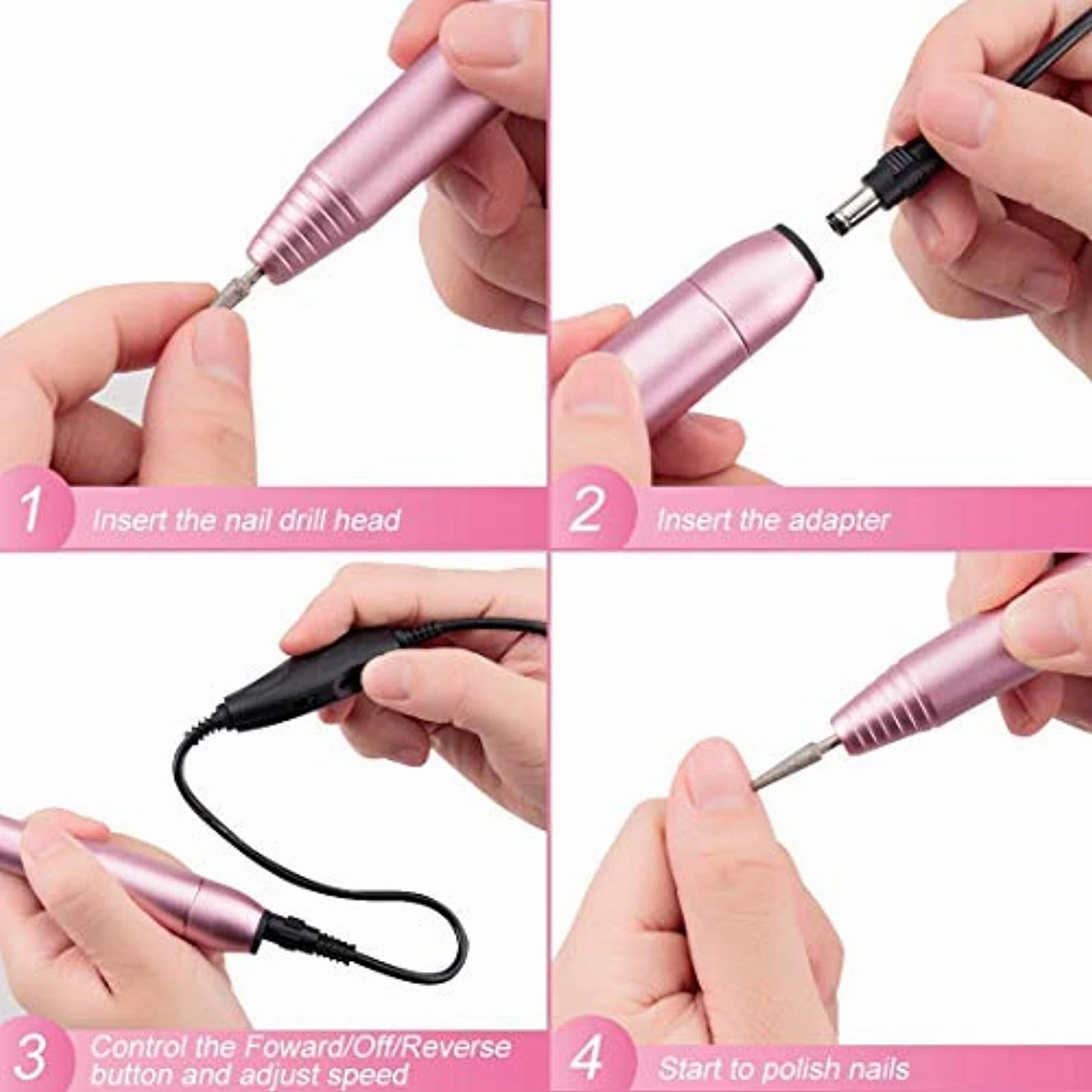 Portable Electric Nail Drill File Machine with Acrylic Nail Kit Set Manicure Pedicure Polishing Shape Tools with 300PCS Nail Sanding Bands Bits Brush for Home Salon Use