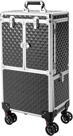 Professional Rolling Makeup Case, Large Lockable Cosmetic Organizer on Wheels for Makeup Artists, Multi-functional Cosmetic Case, Mobile Beauty Station (Black)