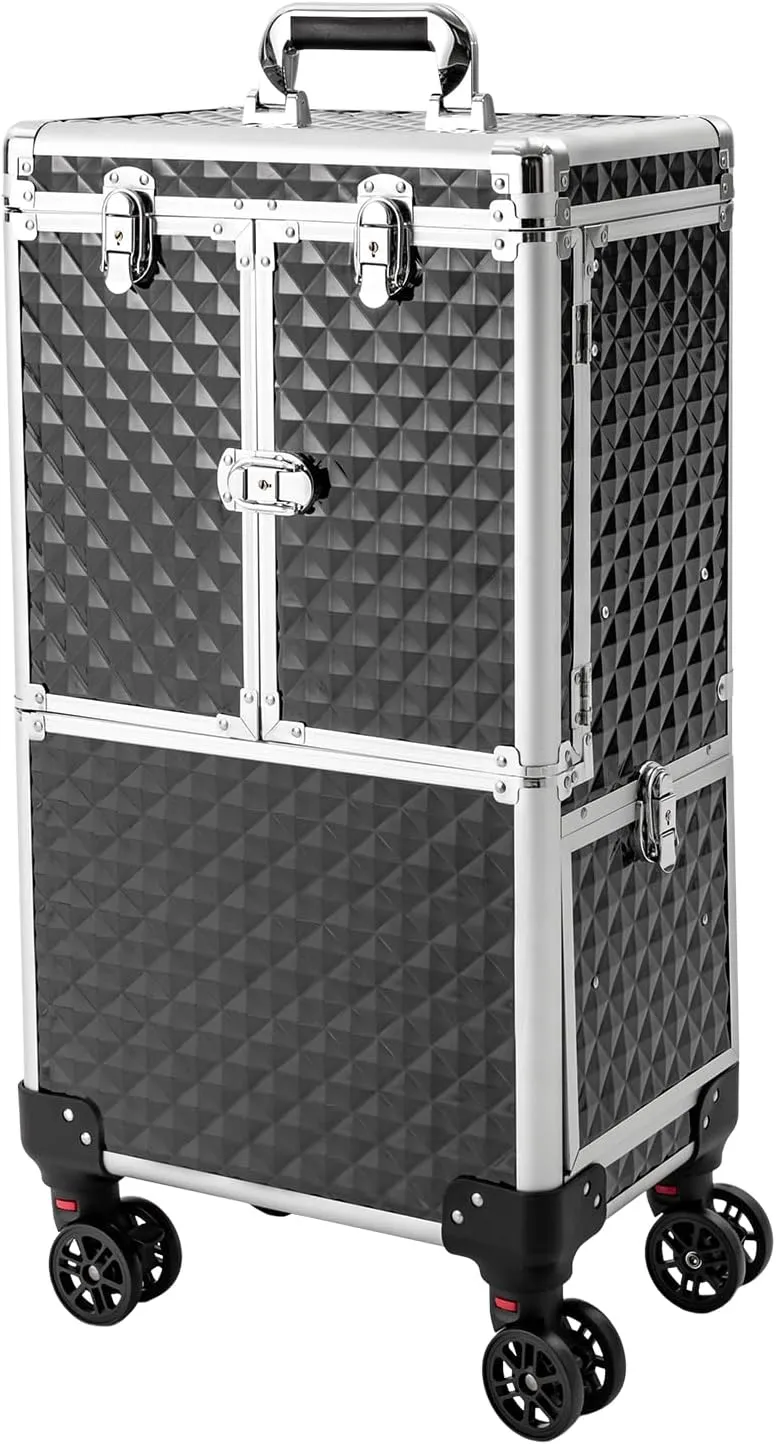 Professional Rolling Makeup Case, Large Lockable Cosmetic Organizer on Wheels for Makeup Artists, Multi-functional Cosmetic Case, Mobile Beauty Station (Black)