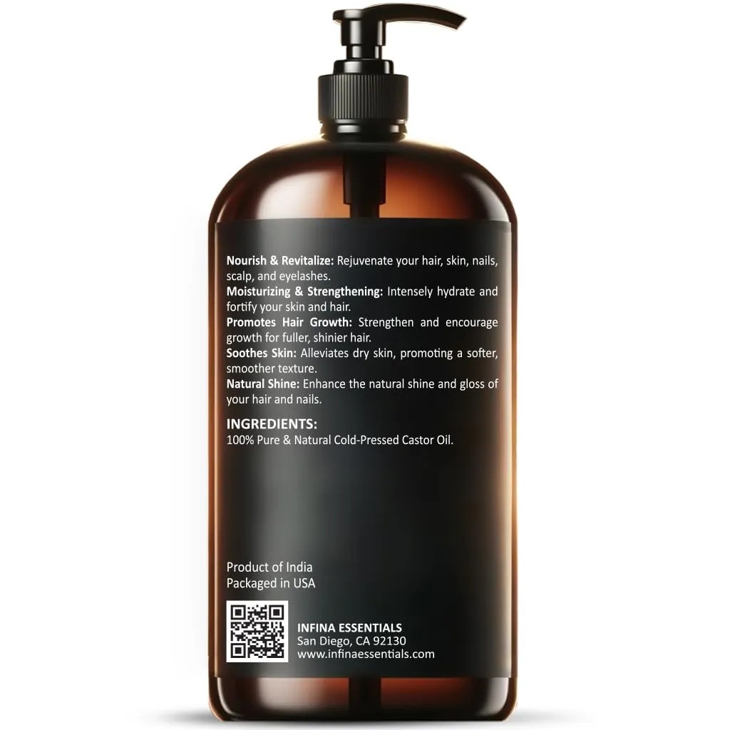 Pure Cold Pressed Castor Oil - Hexane Free, Glass Bottle for Hair Growth, Face, Scalp, Skin & Eyelashes - Nourishing and Moisturizing - 16 fl oz
