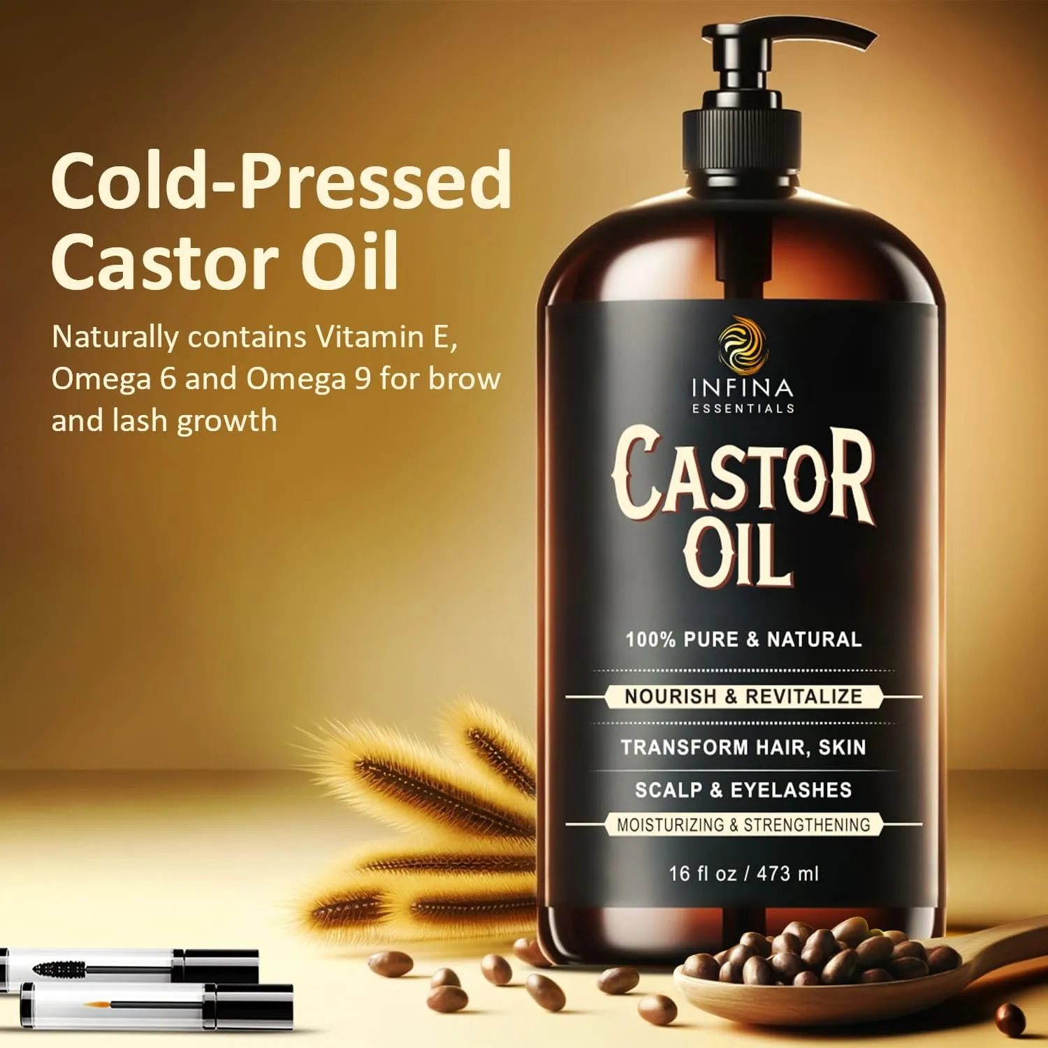 Pure Cold Pressed Castor Oil - Hexane Free, Glass Bottle for Hair Growth, Face, Scalp, Skin & Eyelashes - Nourishing and Moisturizing - 16 fl oz