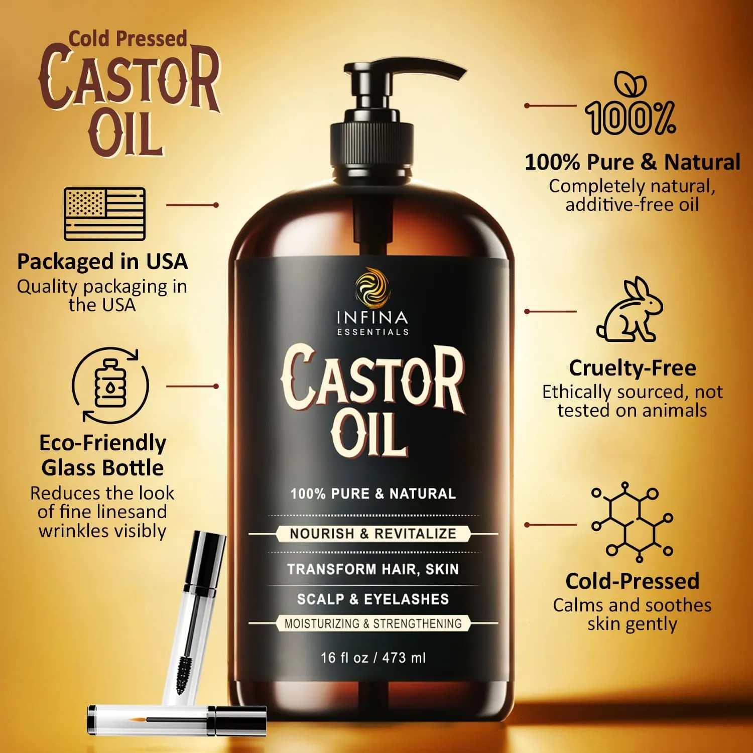 Pure Cold Pressed Castor Oil - Hexane Free, Glass Bottle for Hair Growth, Face, Scalp, Skin & Eyelashes - Nourishing and Moisturizing - 16 fl oz