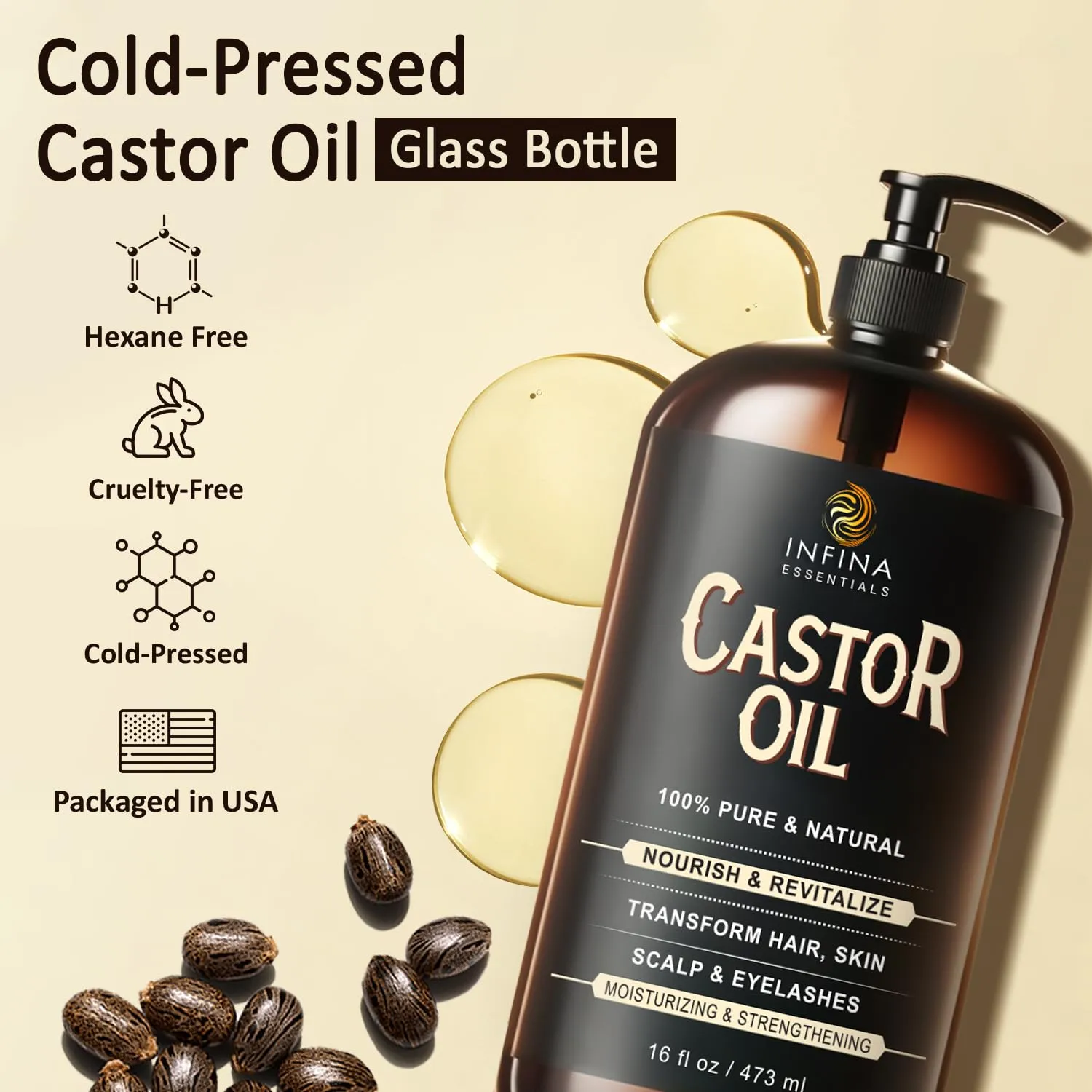 Pure Cold Pressed Castor Oil - Hexane Free, Glass Bottle for Hair Growth, Face, Scalp, Skin & Eyelashes - Nourishing and Moisturizing - 16 fl oz
