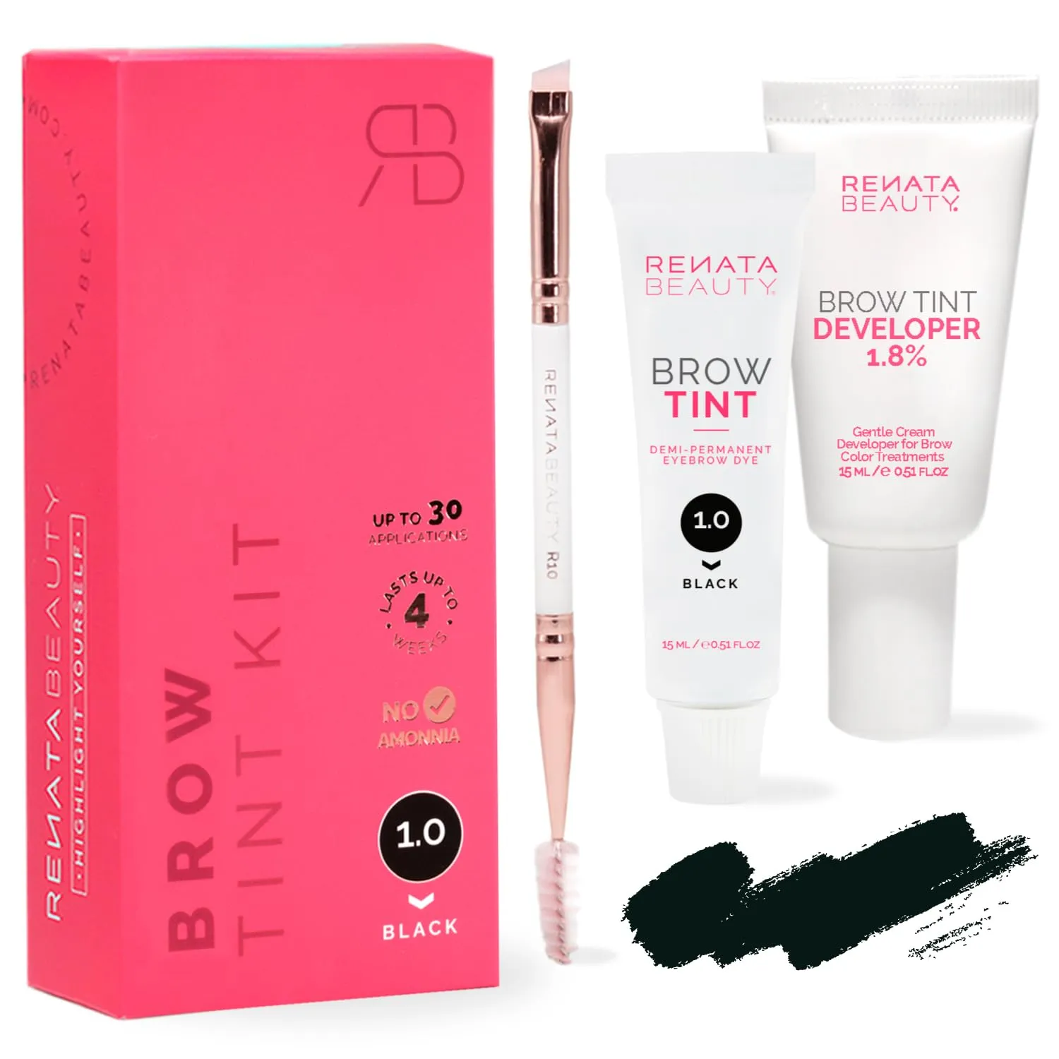 RB RENATA BEAUTY Brow Tint Kit – Eyebrow Dye Set – Dye Kit with Color Tint, Cream Developer and Styling Brush – Long-Lasting Effect Up to 4 Weeks – 30 Applications [Black]