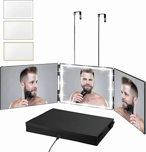 Rechargeable 3 Way Mirror for Hair Cutting, Real Glass Adjustable Trifold Mirror with 3 Color Temps LED Light & Telescoping Hooks for Makeup, Shaving & Styling