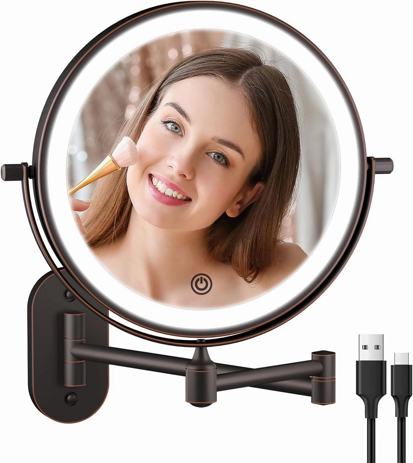 Rechargeable Wall Mounted Lighted Makeup Vanity Mirror 8 Inch Double Sided 1X 10X Magnifying Bathroom Mirror, 3 Color Lighting, Touch Screen Dimming, Extended Arm 360 Rotation Shaving Light up Mirror