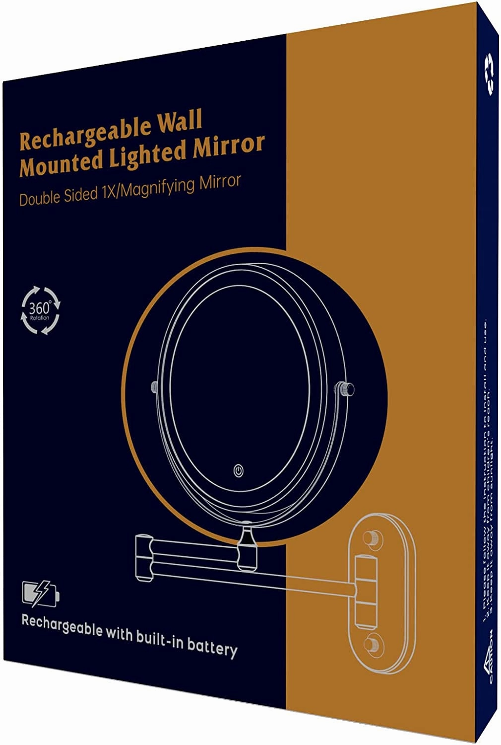 Rechargeable Wall Mounted Lighted Makeup Vanity Mirror 8 Inch Double Sided 1X 10X Magnifying Bathroom Mirror, 3 Color Lighting, Touch Screen Dimming, Extended Arm 360 Rotation Shaving Light up Mirror