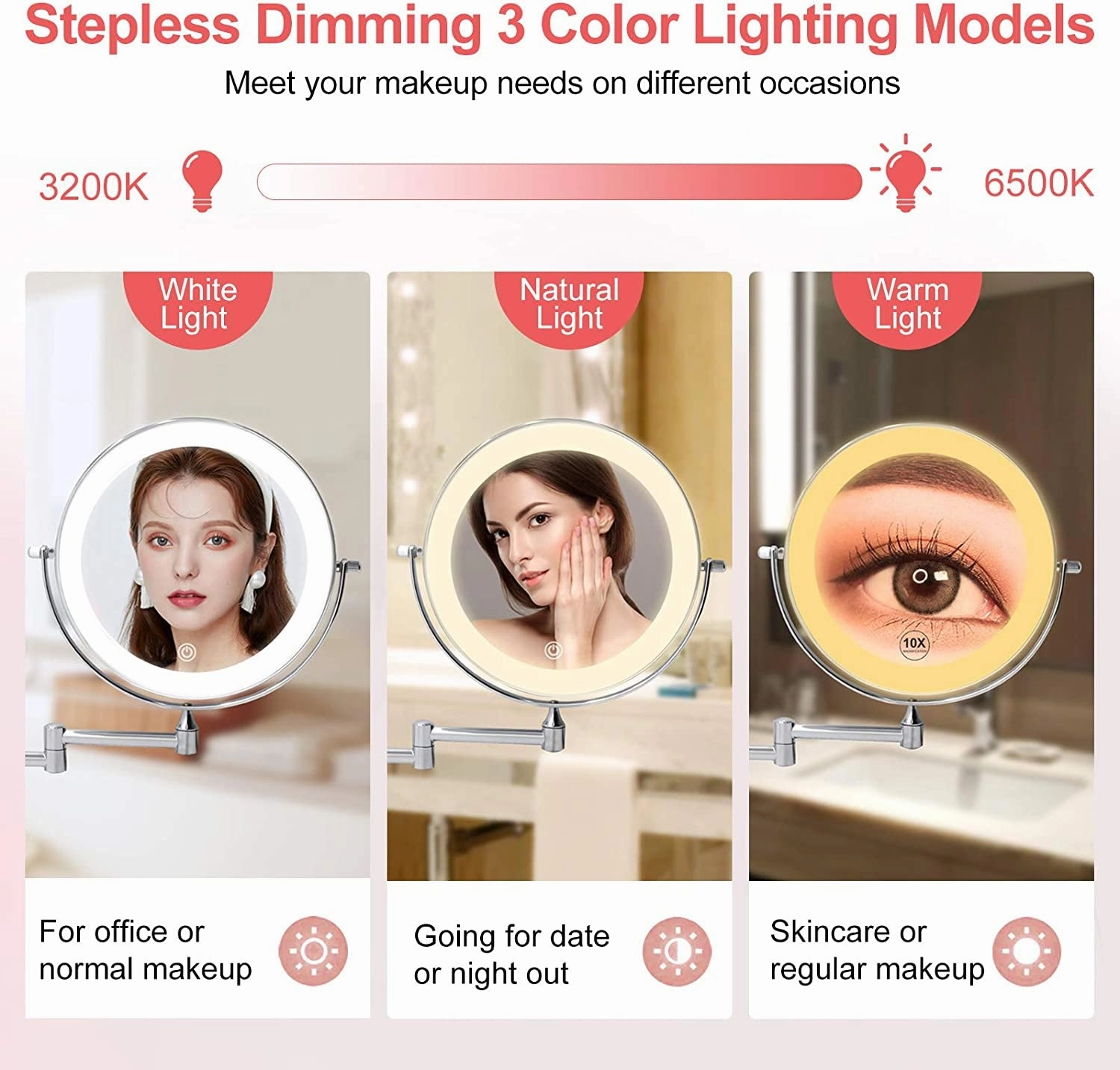 Rechargeable Wall Mounted Lighted Makeup Vanity Mirror 8 Inch Double Sided 1X 10X Magnifying Bathroom Mirror, 3 Color Lighting, Touch Screen Dimming, Extended Arm 360 Rotation Shaving Light up Mirror