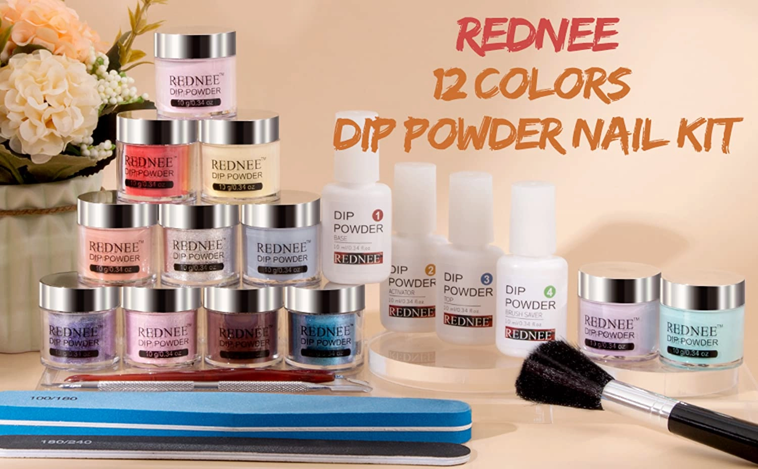 REDNEE Dip Powder Nail Kit Starter 12 Colors with Gel Liquid and Manicure Tools Dipping Essential Travel Kit - RE07 Classy Color