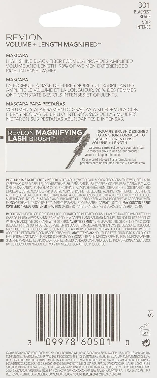 Revlon Mascara, Volume & Length Eye Makeup, Non-Waterproof, No Clump, Smudge Proof, Flake Proof, 301 Blackest Black, 0.28 Fl Oz