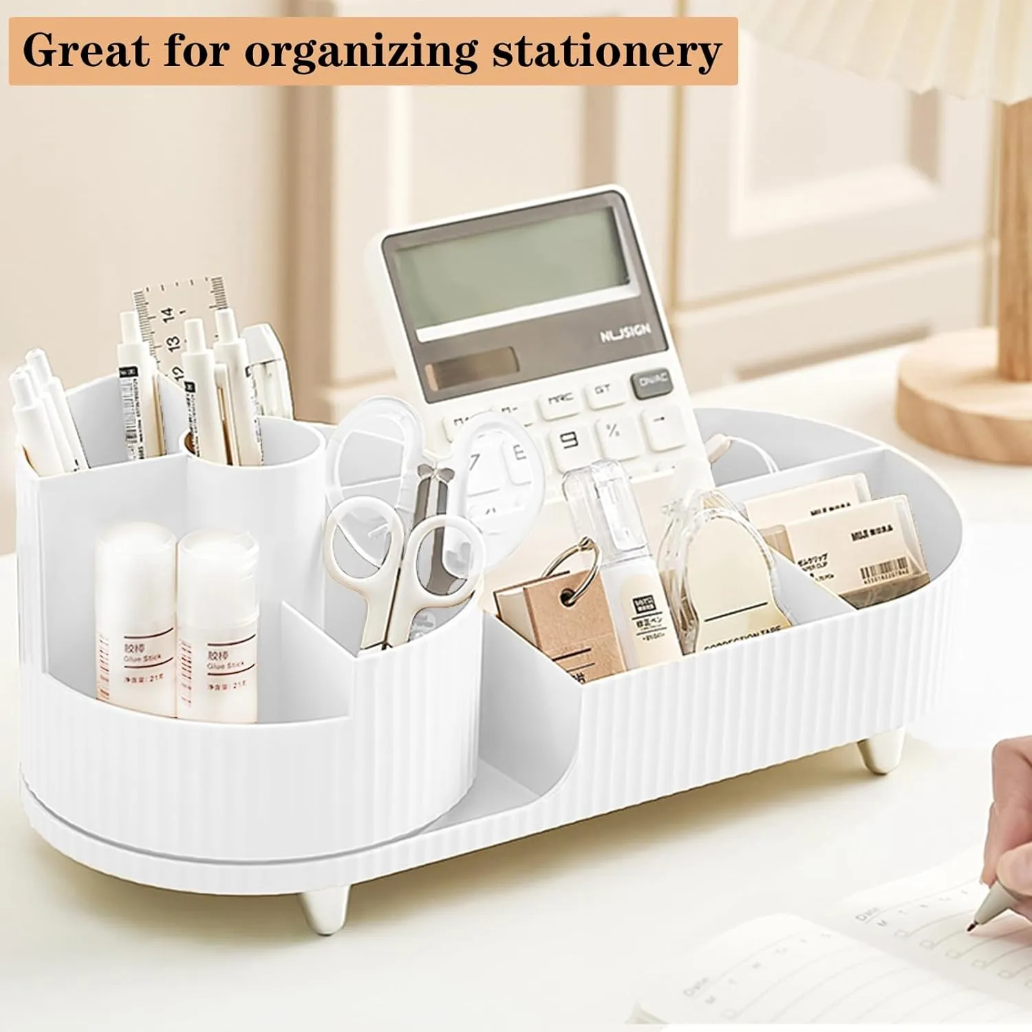 Rotating Vanity Organizer with Brush Holder, Large Spinning Makeup Skincare & Cosmetic Organizer, Countertop Perfume & Lotions Display Case (White)