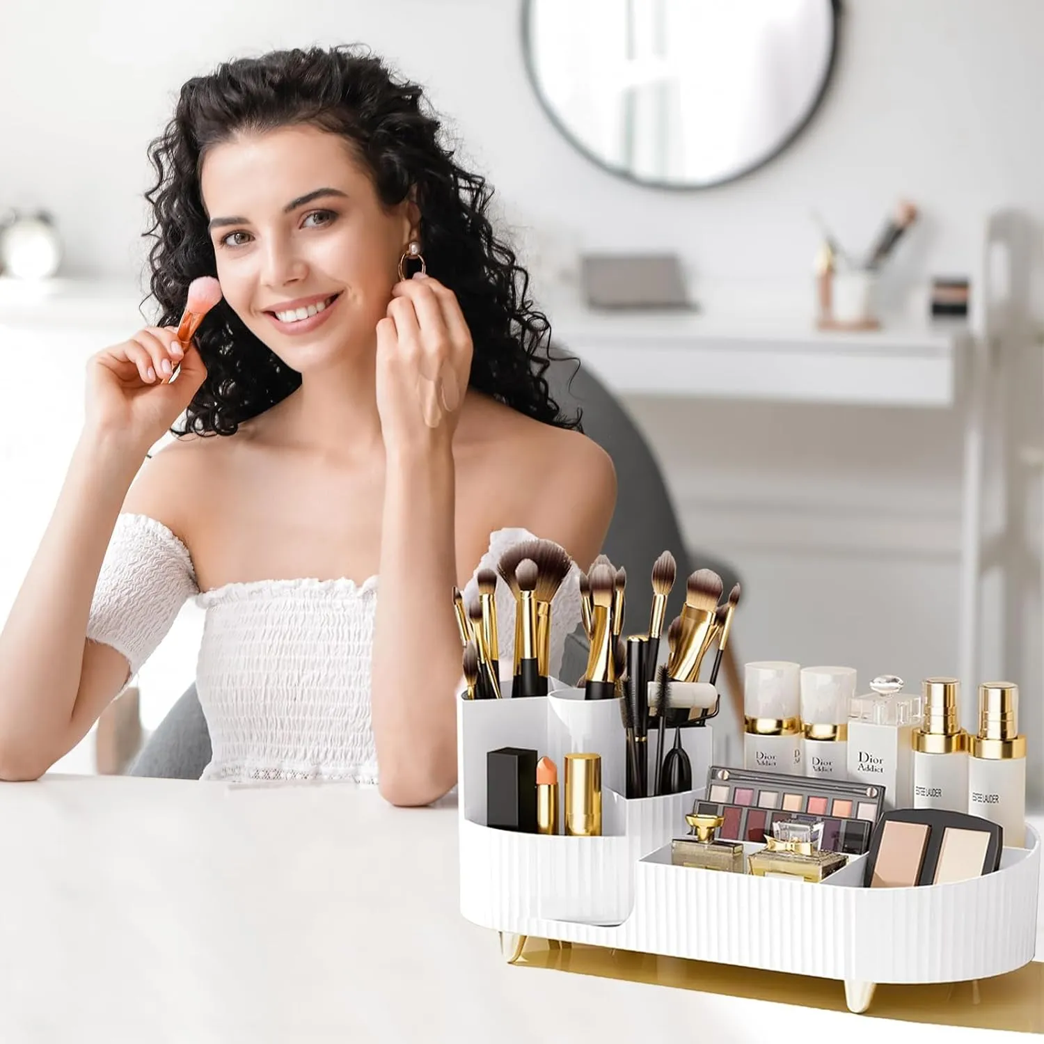 Rotating Vanity Organizer with Brush Holder, Large Spinning Makeup Skincare & Cosmetic Organizer, Countertop Perfume & Lotions Display Case (White)