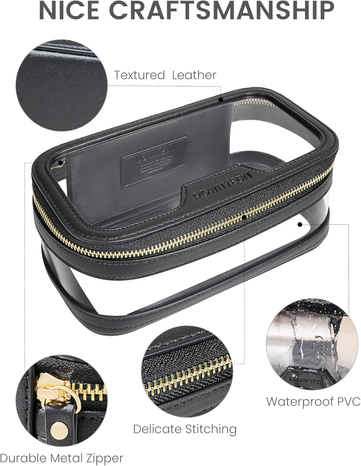 ROWNYEON Waterproof Toiletry Organizer Train Case, CLear Travel Makeup Bag for Women，Transparent Cosmetic Bag，Portable Makeup Case Organizer (black)