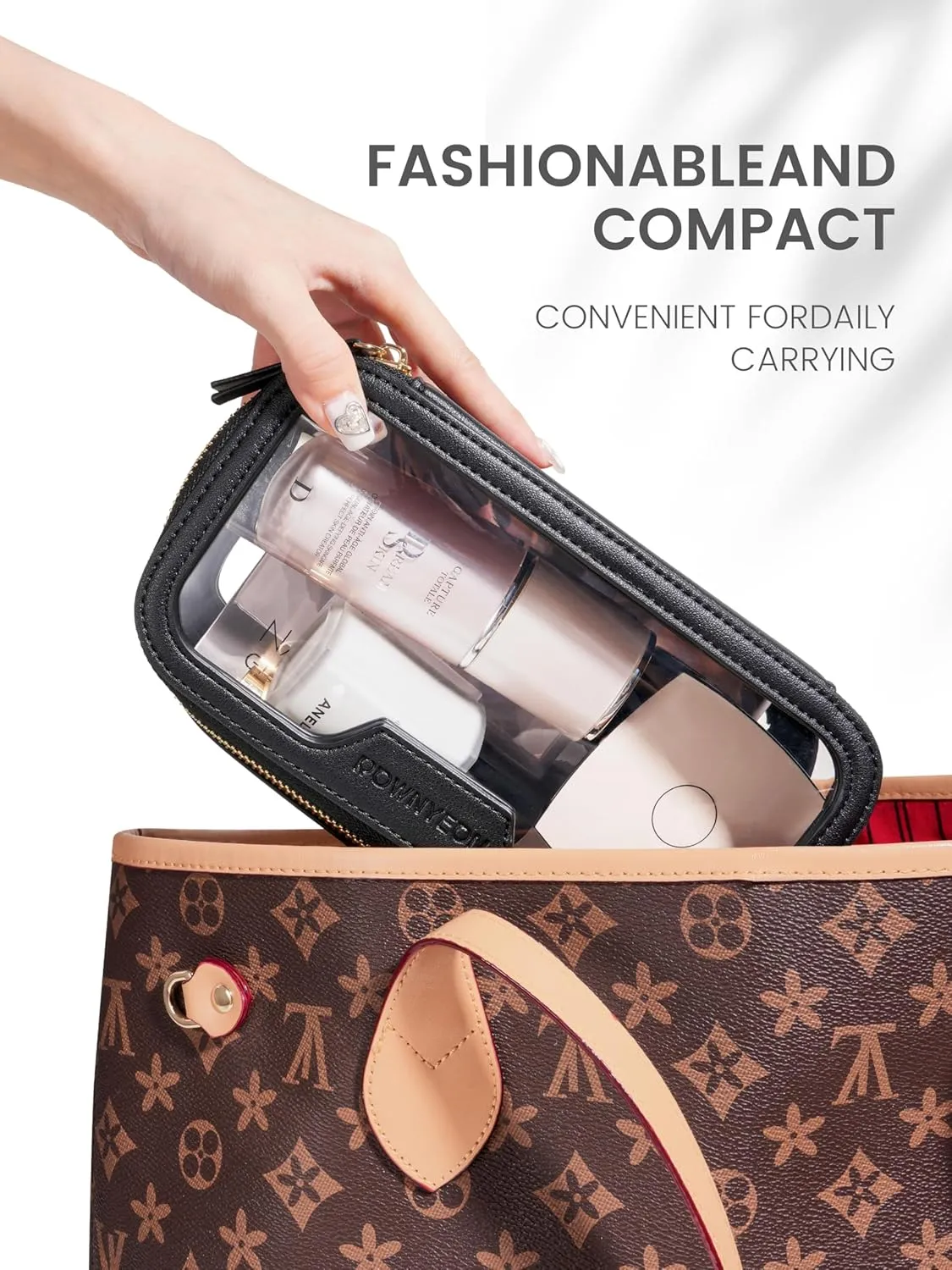 ROWNYEON Waterproof Toiletry Organizer Train Case, CLear Travel Makeup Bag for Women，Transparent Cosmetic Bag，Portable Makeup Case Organizer (black)