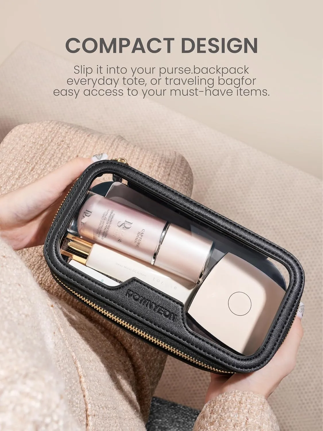 ROWNYEON Waterproof Toiletry Organizer Train Case, CLear Travel Makeup Bag for Women，Transparent Cosmetic Bag，Portable Makeup Case Organizer (black)