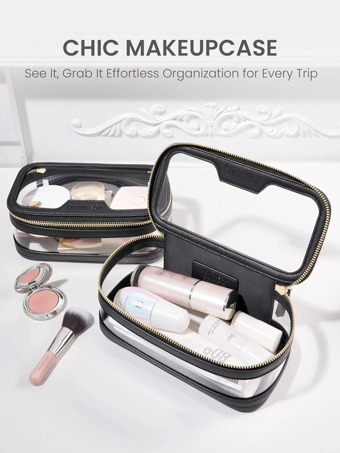 ROWNYEON Waterproof Toiletry Organizer Train Case, CLear Travel Makeup Bag for Women，Transparent Cosmetic Bag，Portable Makeup Case Organizer (black)