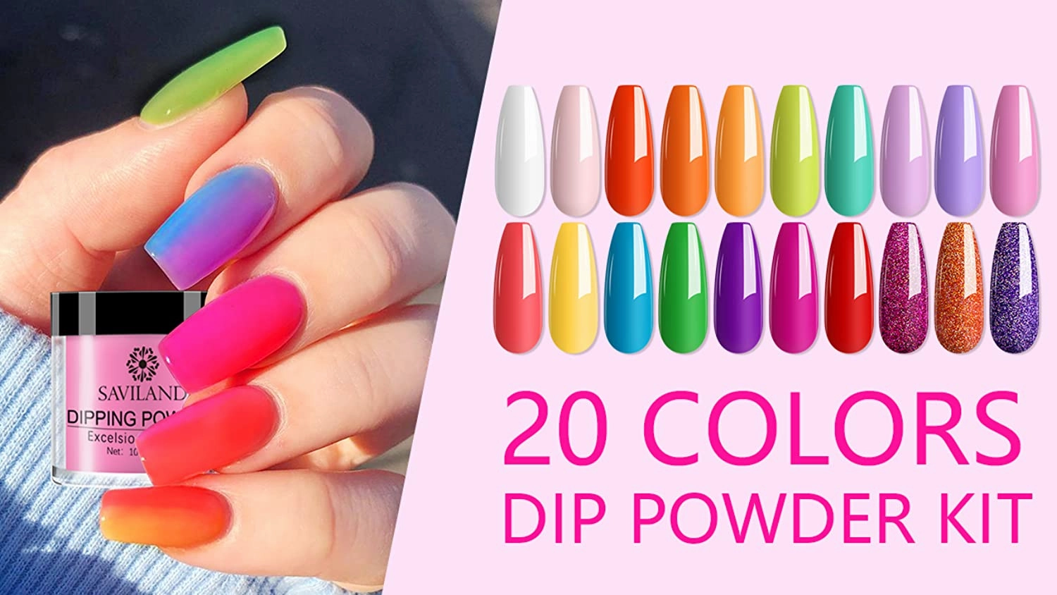 Saviland 29 Pcs Dip Powder Nail Kit Starter, 20 Colors Dipping Powder System Essential Dip Liquid Set with Base Top Coat Activator Brush Saver for DIY at Home and Salon