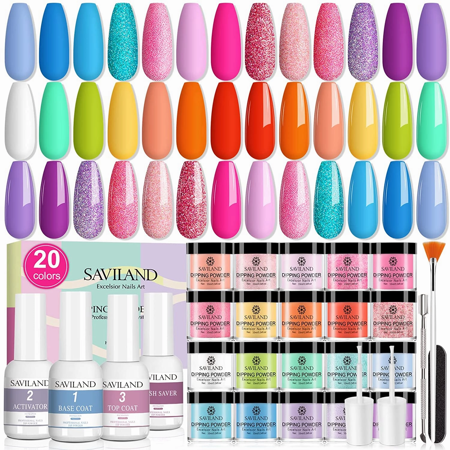 Saviland 29 Pcs Dip Powder Nail Kit Starter, 20 Colors Dipping Powder System Essential Dip Liquid Set with Base Top Coat Activator Brush Saver for DIY at Home and Salon