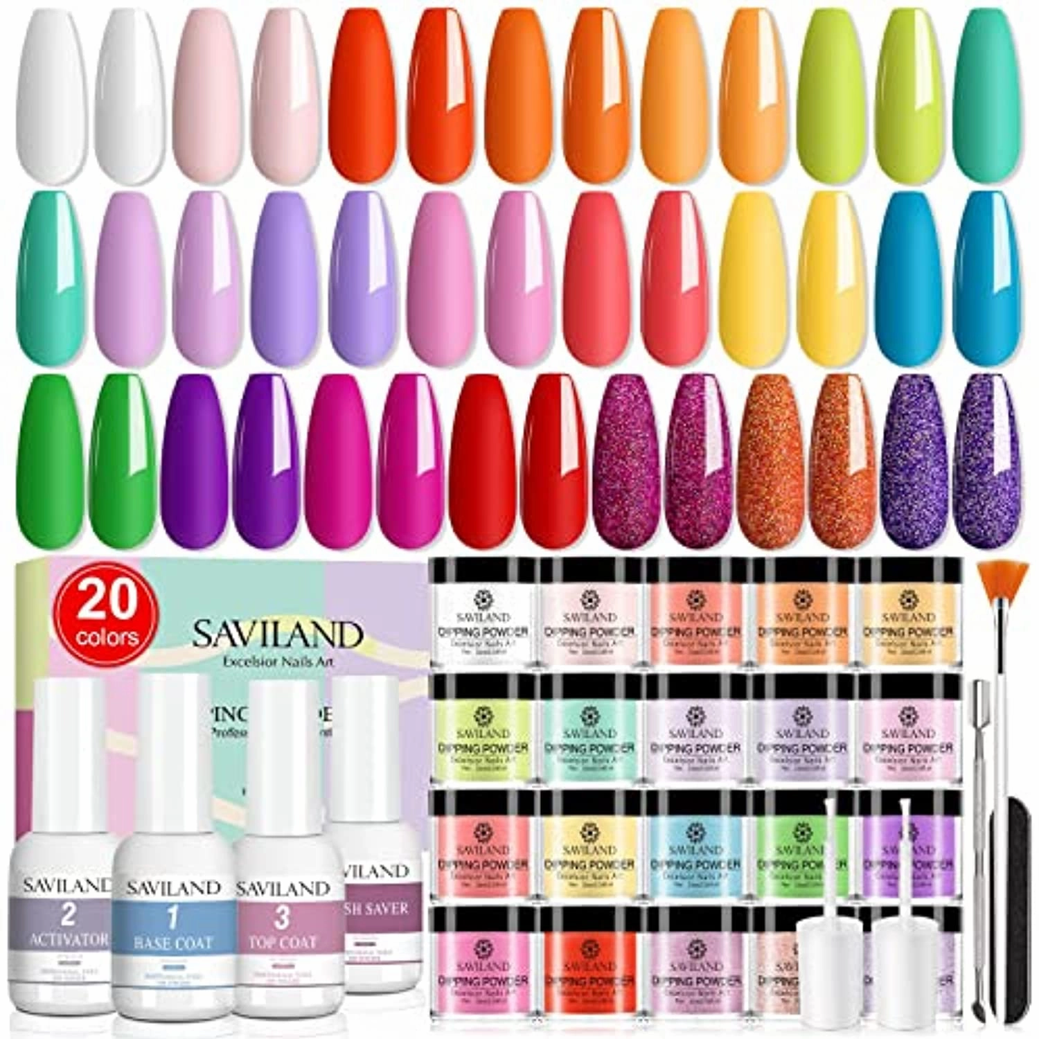 Saviland 29 Pcs Dip Powder Nail Kit Starter, 20 Colors Dipping Powder System Essential Dip Liquid Set with Base Top Coat Activator Brush Saver for DIY at Home and Salon