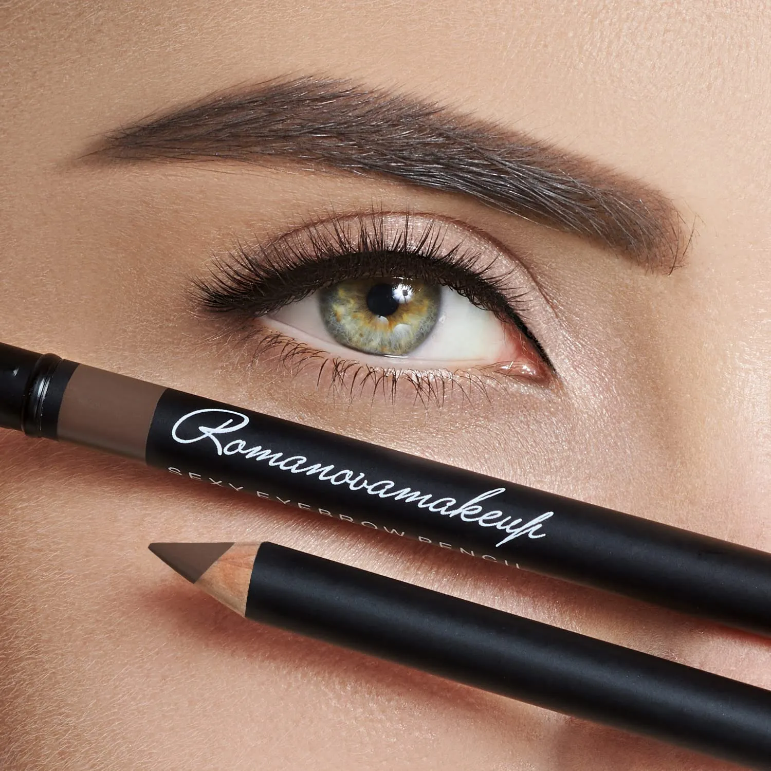 Sexy Eyebrow Pencil BRUNETTE. Natural Smudge Free, Long lasting, Ultra Fine, Brow Defining, Dual End Pencil by Romanovamakeup with Built-in Brush for All Day Eyebrows Exclusively for Brunette Hair.
