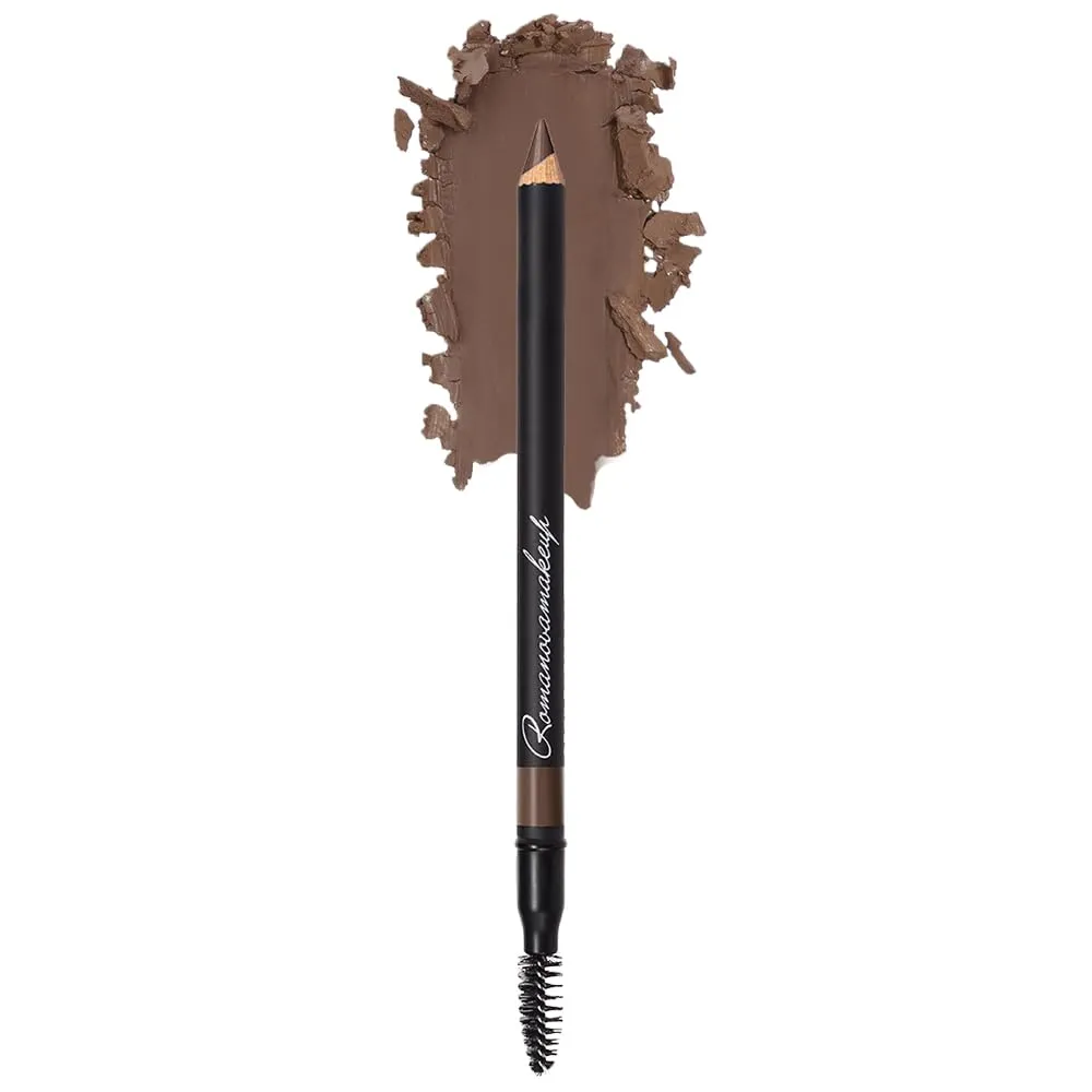 Sexy Eyebrow Pencil BRUNETTE. Natural Smudge Free, Long lasting, Ultra Fine, Brow Defining, Dual End Pencil by Romanovamakeup with Built-in Brush for All Day Eyebrows Exclusively for Brunette Hair.