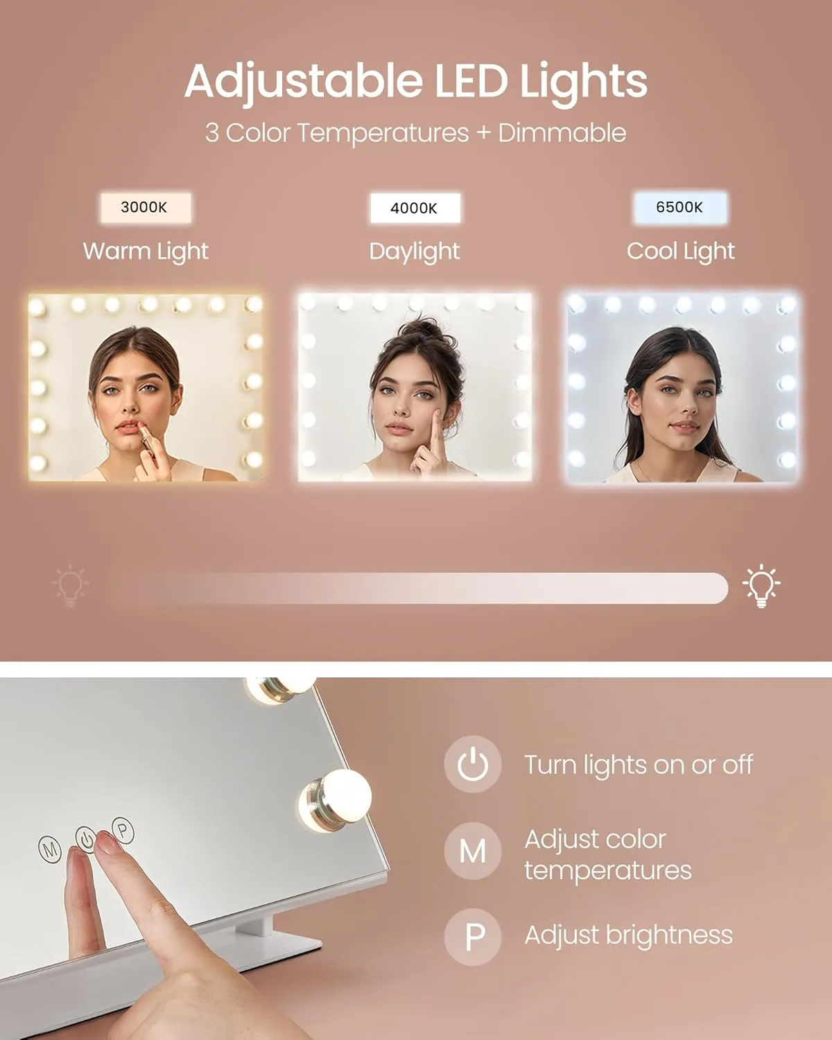 SONGMICS Vanity Makeup Mirror with Lights, Touch Control, 15 LED Bulbs, with Charging Ports, Detachable 10X Magnifying Mirror, 3 Color Temperatures, Dimmable, Phone Holder, Matte White ULWM001W01V1