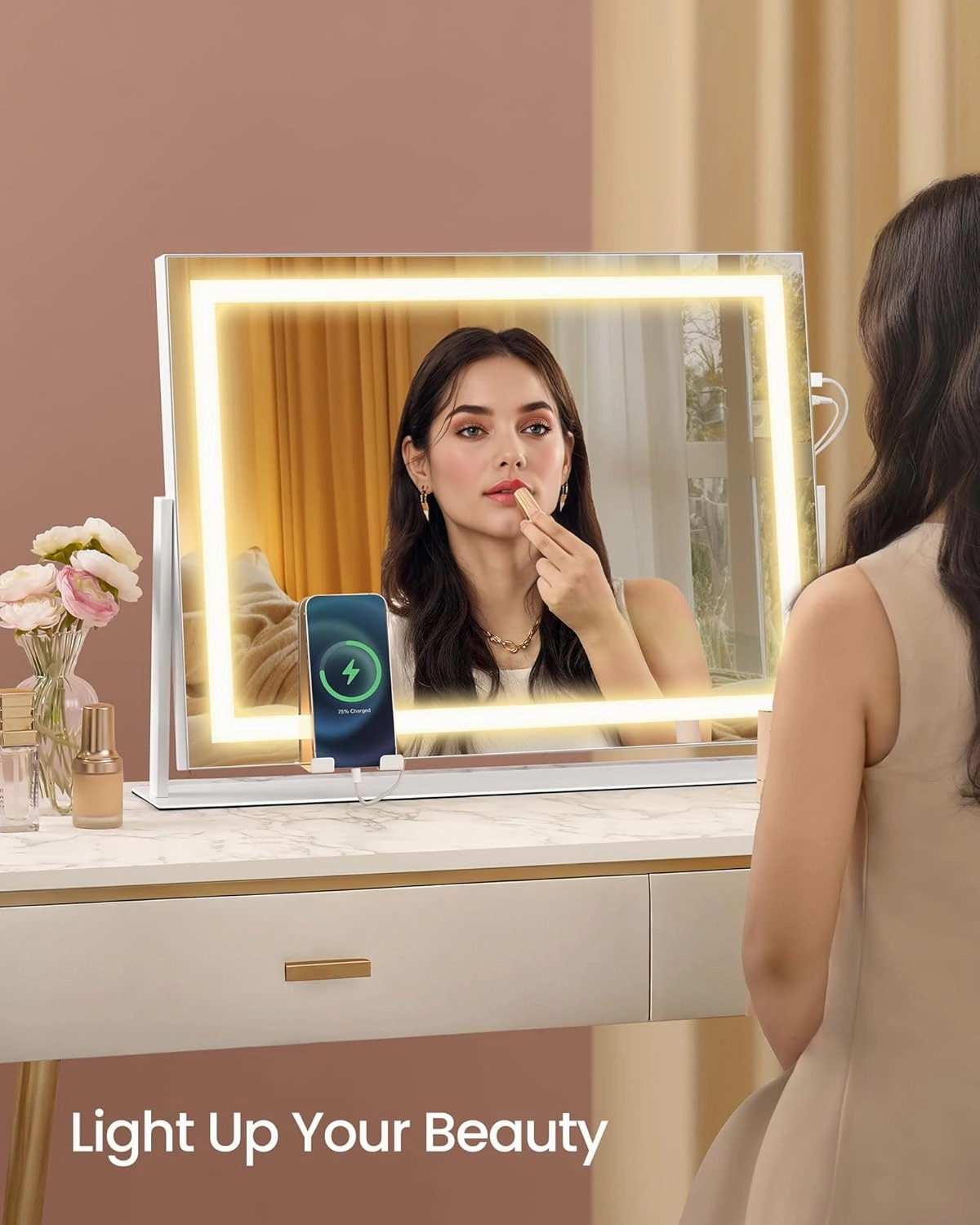 SONGMICS Vanity Makeup Mirror with Lights, Touch Control, Angle-Adjustable, Charging Ports, Detachable 10X Magnifying Mirror, 3 Color Temperatures, Dimmable, Phone Holder, Matte White ULWM002W01V1