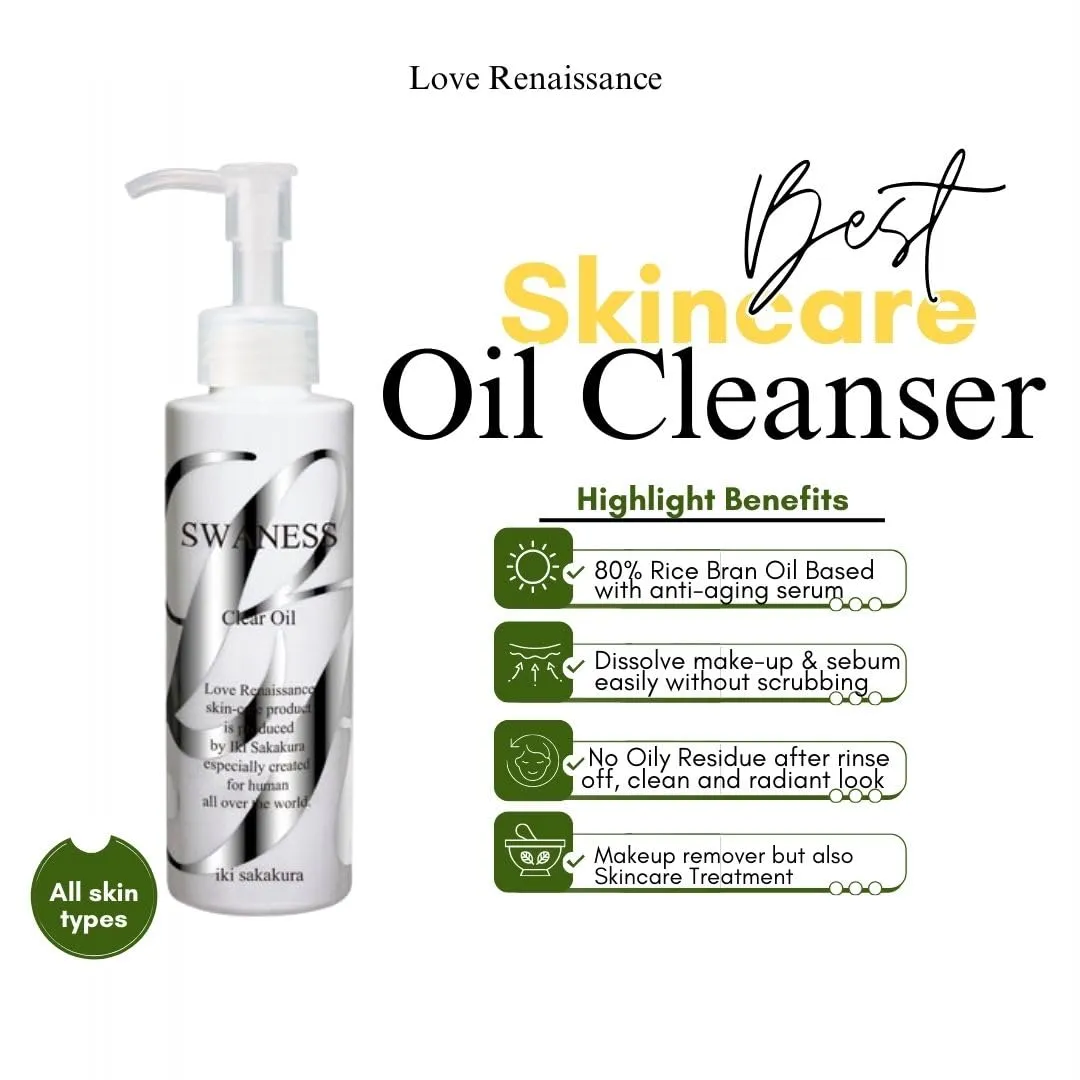 SWANESS Clear Oil, Japanese Premium Skincare Oil Cleanser – Anti-Aging Makeup Remover & Massage with Rice Power for Deep Pore Cleansing, Waterproof Mascara, Sunscreen & Radiant Skin