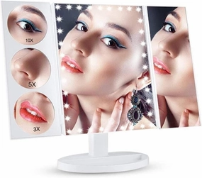 T-Button Lighted Makeup Mirror, Desktop Trifold Makeup Vanity Mirror 3X/2X/1X Magnification Dimmable 180° Rotation Illuminated