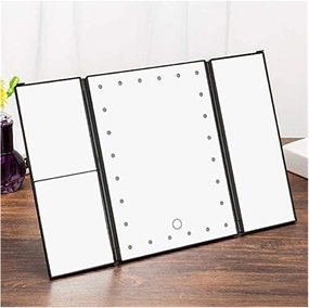 T-Button Lighted Makeup Mirror, Desktop Trifold Makeup Vanity Mirror 3X/2X/1X Magnification Dimmable 180° Rotation