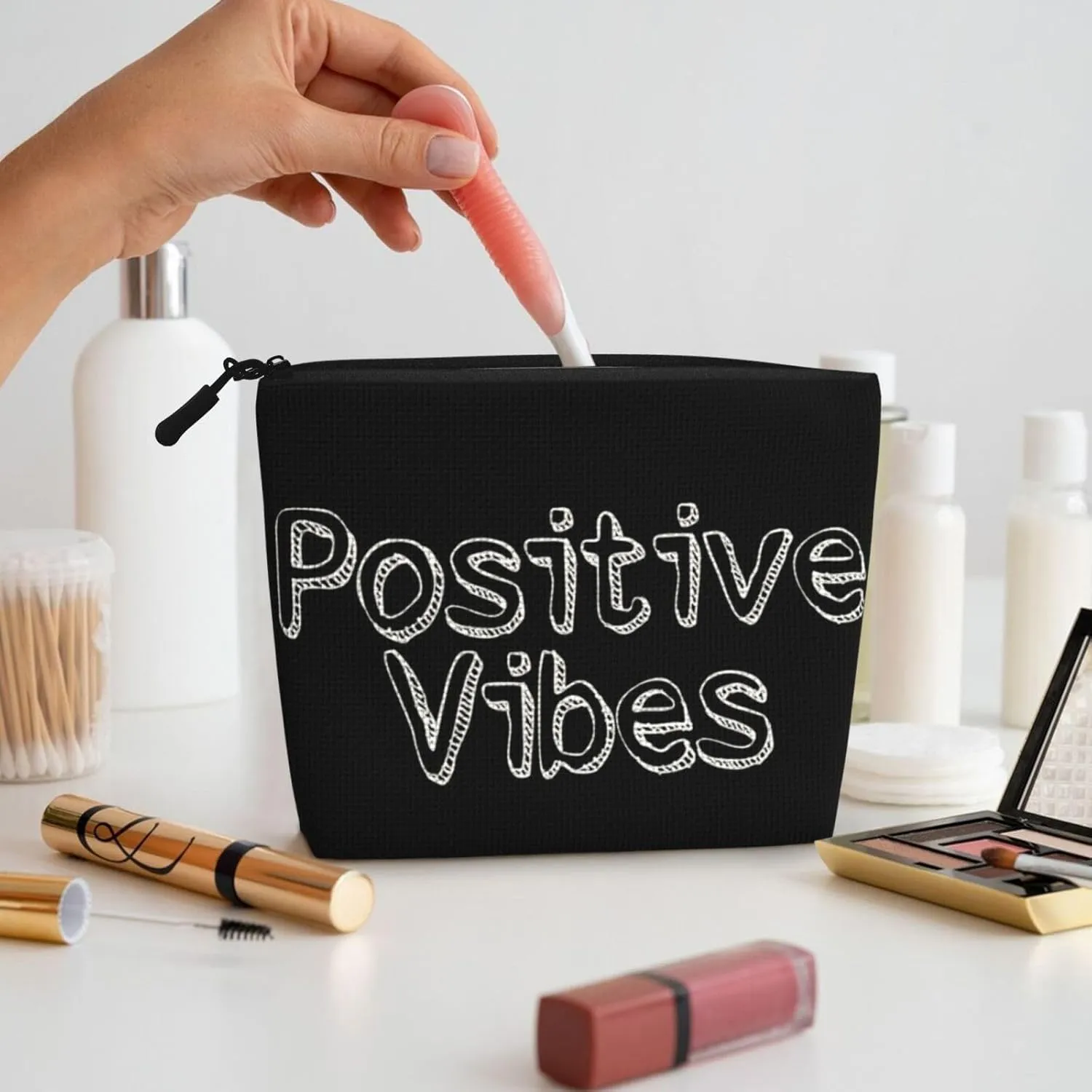 Text Series Positive Vibes Makeup Bag Birthday Gift Mother'S Day Gifts Are The Internal Capacity Is Large Light And Cute Suitable For Daily Life Travel Etc