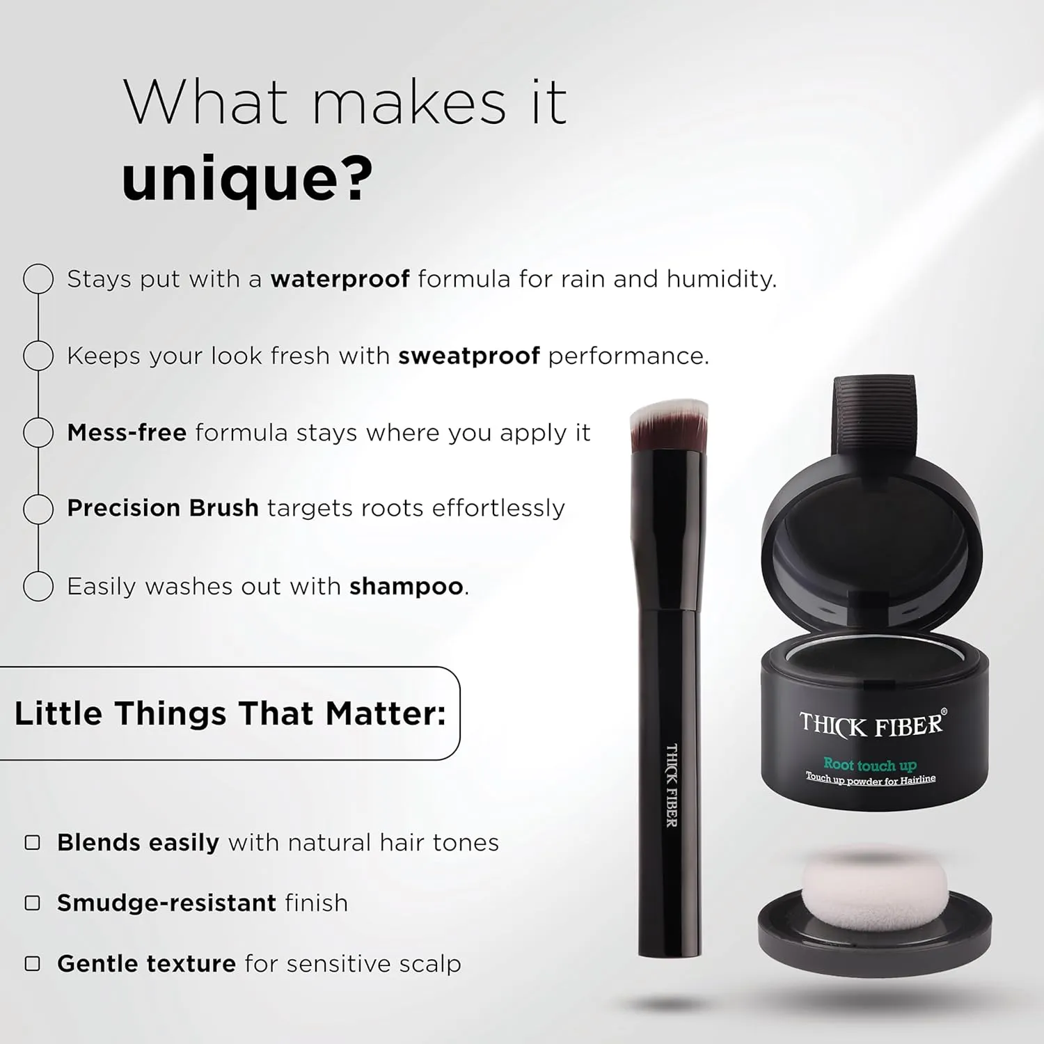 THICK FIBER Root Touch Up Powder - Water & Sweat Resistant Hair Loss Concealer Set for Thinning Hair Women, Includes Brush (Black)