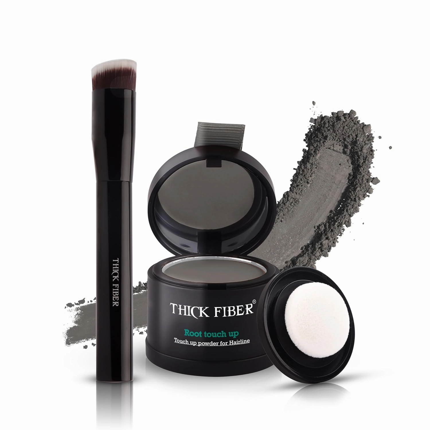 THICK FIBER Root Touch Up Powder, Cover Up Hairline for Thin- Water & Sweat Resistant Hair Loss Concealer Set with for Thinning Hair Women, Includes Brush (Grey)