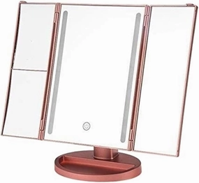 Tri-Fold Lighted Vanity Mirror, 16 LED Lights t-button Screen Mirror Double Power Supply Mode Tabletop Makeup Mirror