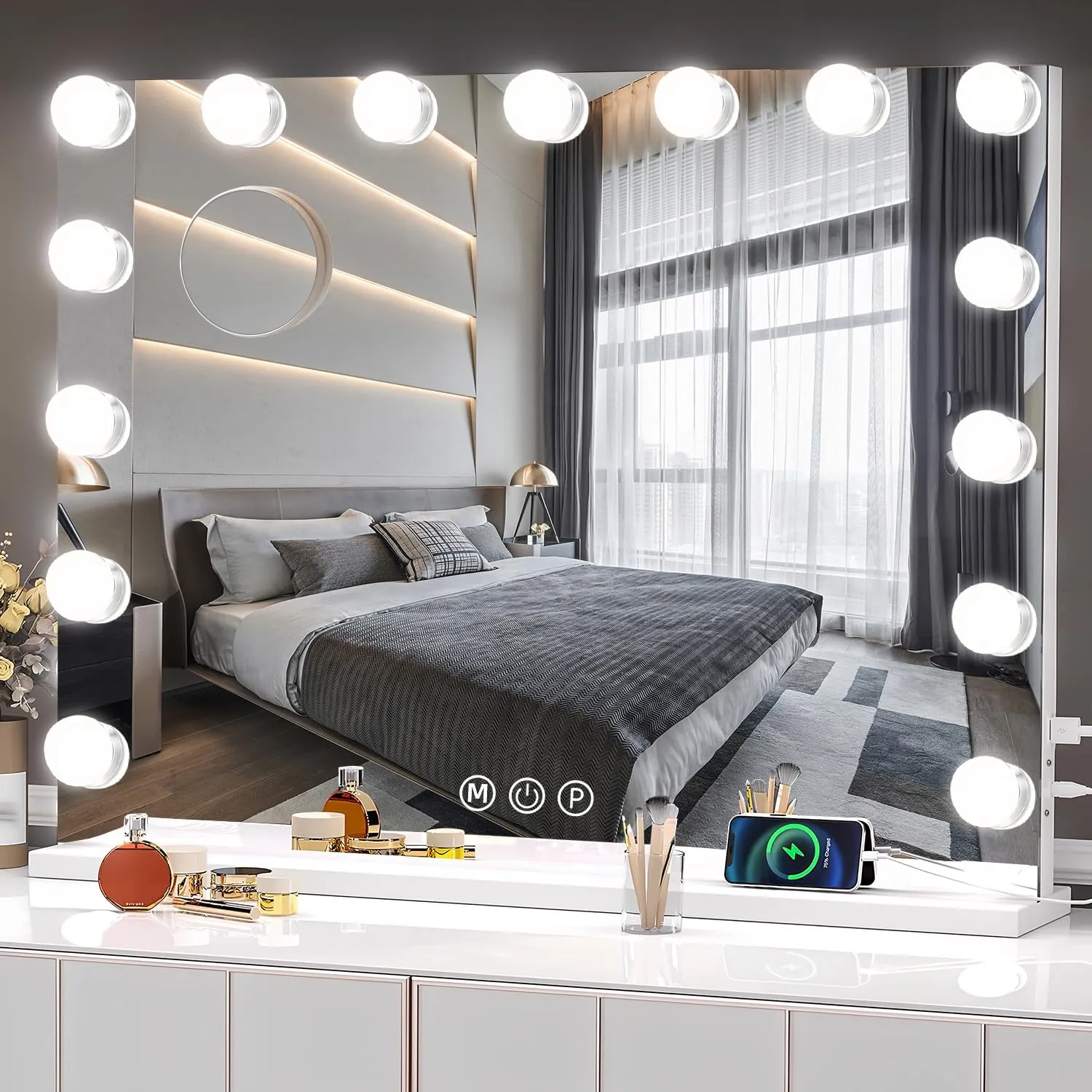 Vanity Mirror with Lights, Lighted Makeup Mirror with 15 Dimmable LED Bulbs, Hollywood Mirrors with USB Port, Detachable 10X Magnification, 3 Lighting Modes (22.8" L x 18.1" W)