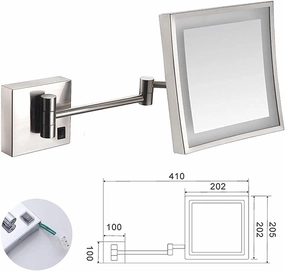 Vanity Mirror,Wall Mounted Mirrors Makeup Shaving Mirror Led Lighted Bathroom Mirror for Hotel Vanity with Adjustable Extendable Square 8 inch 3X Magnification Cosmetic Mirror Color