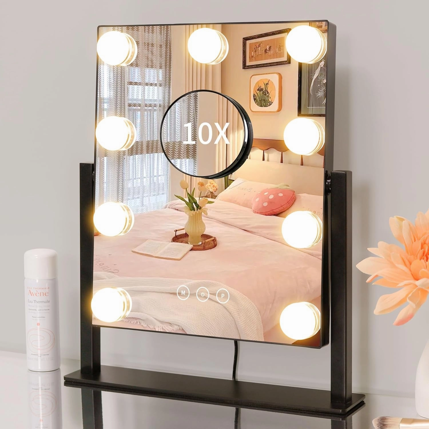 Vanity Mirror with Lights,Lighted Vanity Mirror with 9 Dimmable Bulbs for Dressing Room & Bedroom,3 Color Lighting,Modes Detachable 10X Magnification 360°Ratation(White) 12" L X 14.4" W