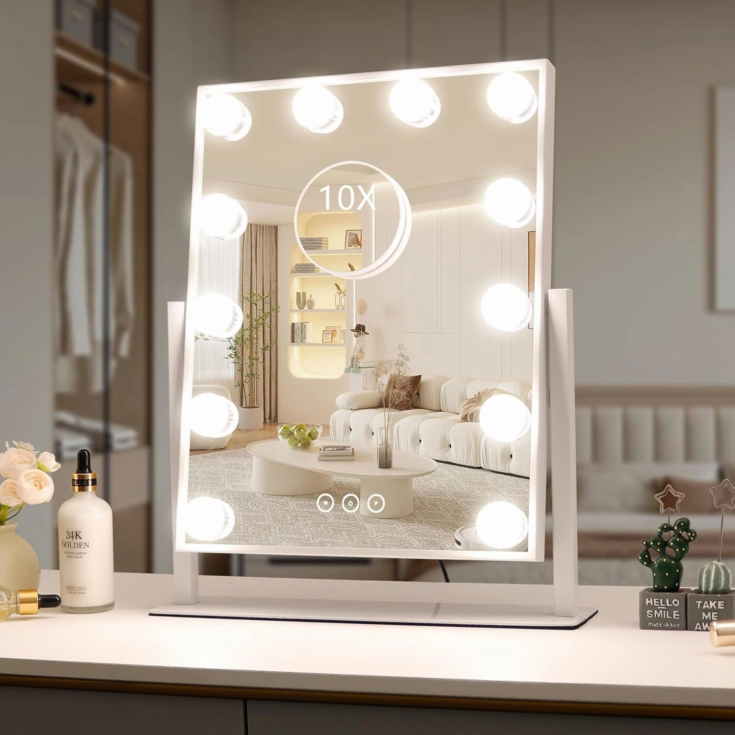 Vanity Mirror with Lights,Lighted Vanity Mirror with 9 Dimmable Bulbs for Dressing Room & Bedroom,3 Color Lighting,Modes Detachable 10X Magnification 360°Ratation(White) 12" L X 14.4" W