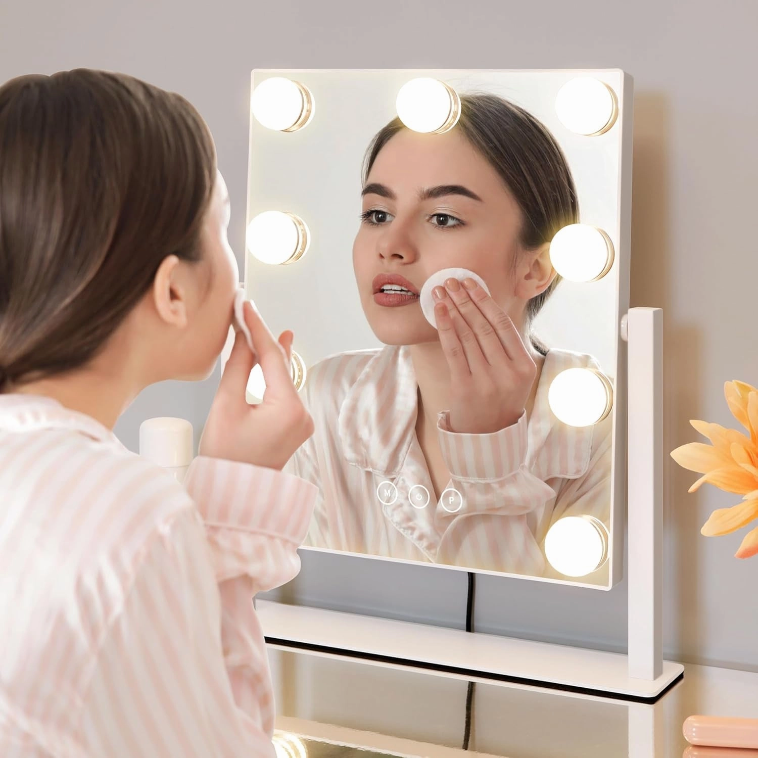 Vanity Mirror with Lights,Lighted Vanity Mirror with 9 Dimmable Bulbs for Dressing Room & Bedroom,3 Color Lighting,Modes Detachable 10X Magnification 360°Ratation(White) 12" L X 14.4" W