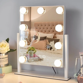 Vanity Mirror with Lights,Lighted Vanity Mirror with 9 Dimmable Bulbs for Dressing Room & Bedroom,3 Color Lighting,Modes Detachable 10X Magnification 360°Ratation(White) 12" L X 14.4" W