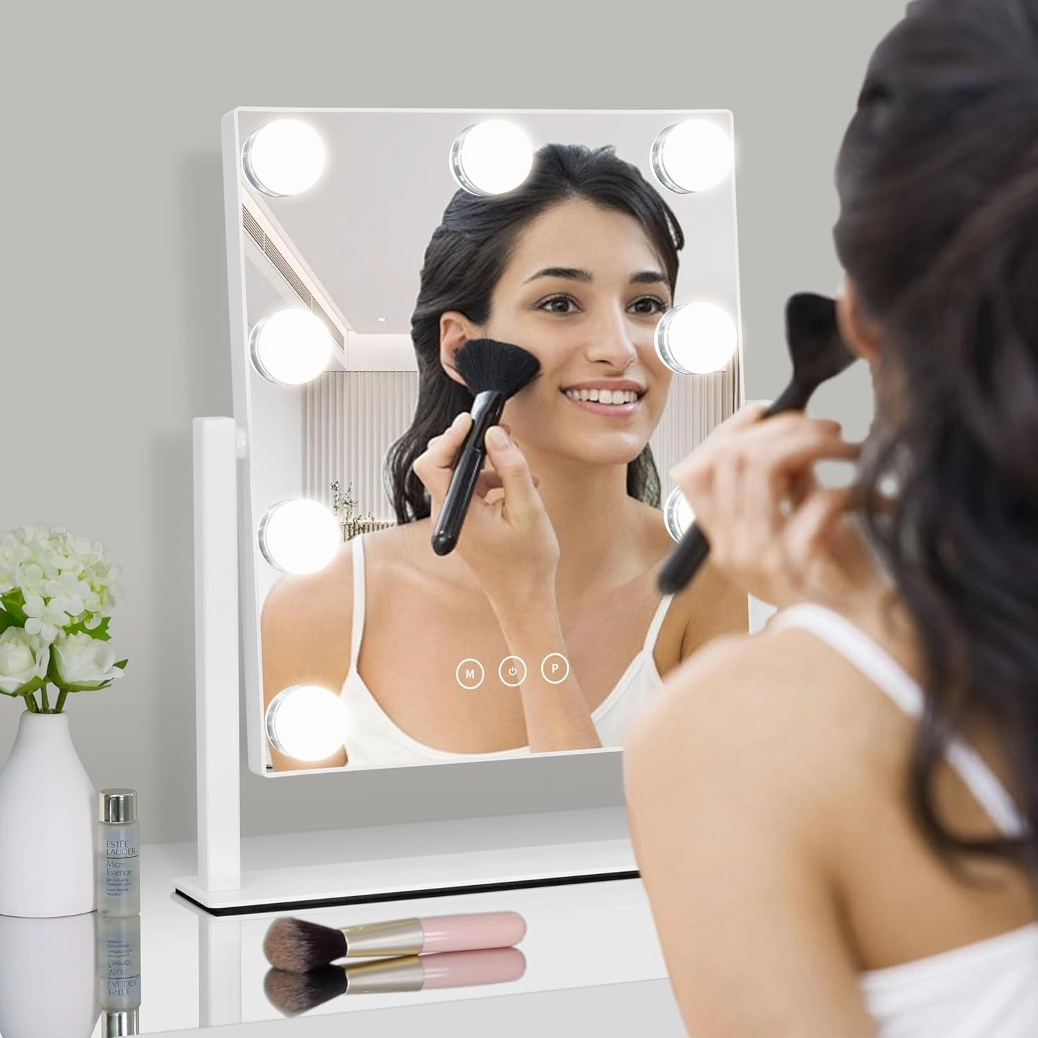Vanity Mirror with Lights,Lighted Vanity Mirror with 9 Dimmable Bulbs for Dressing Room & Bedroom,3 Color Lighting,Modes Detachable 10X Magnification 360°Ratation(White) 12" L X 14.4" W