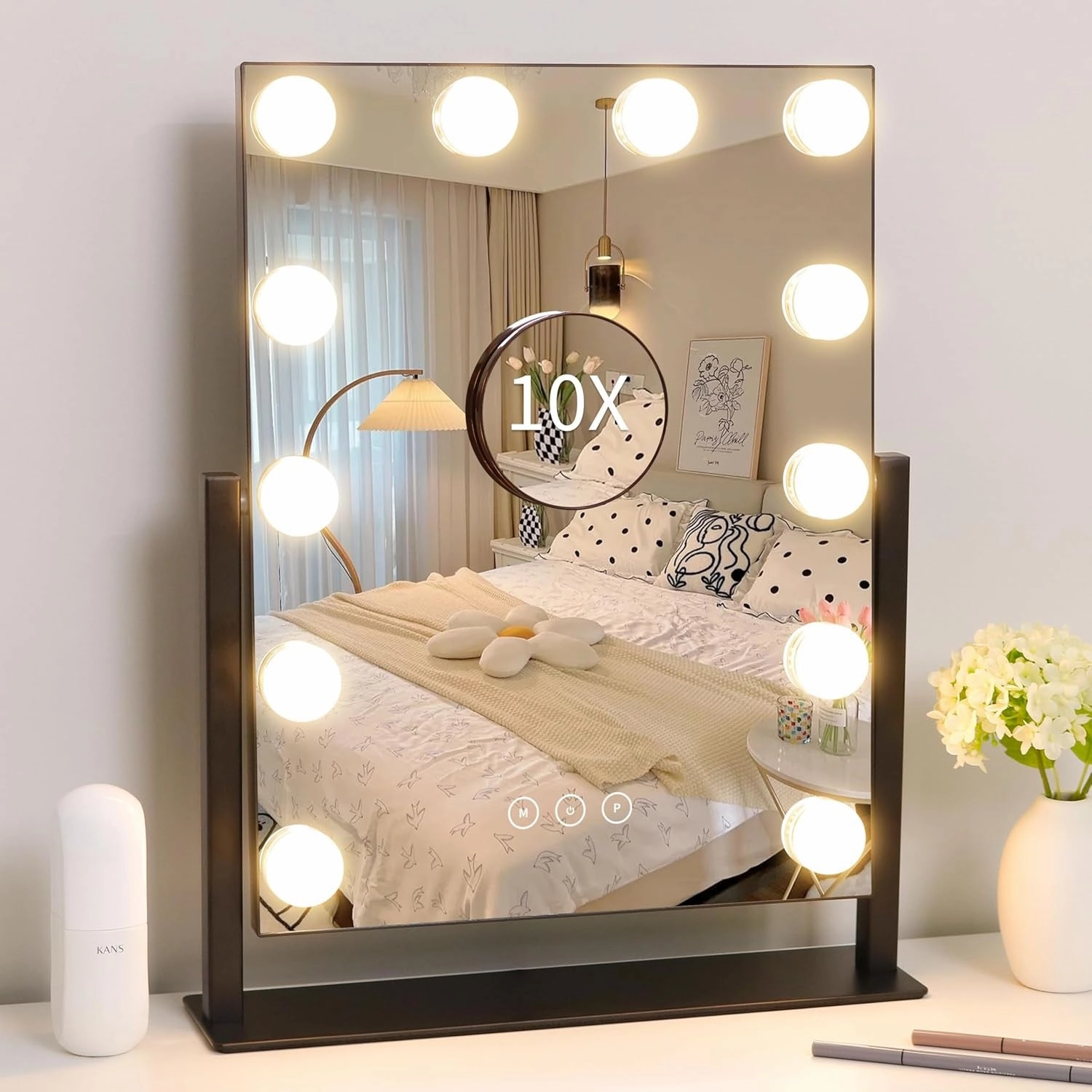 Vanity Mirror with Lights,Lighted Vanity Mirror with 9 Dimmable Bulbs for Dressing Room & Bedroom,3 Color Lighting,Modes Detachable 10X Magnification 360°Ratation(White) 12" L X 14.4" W