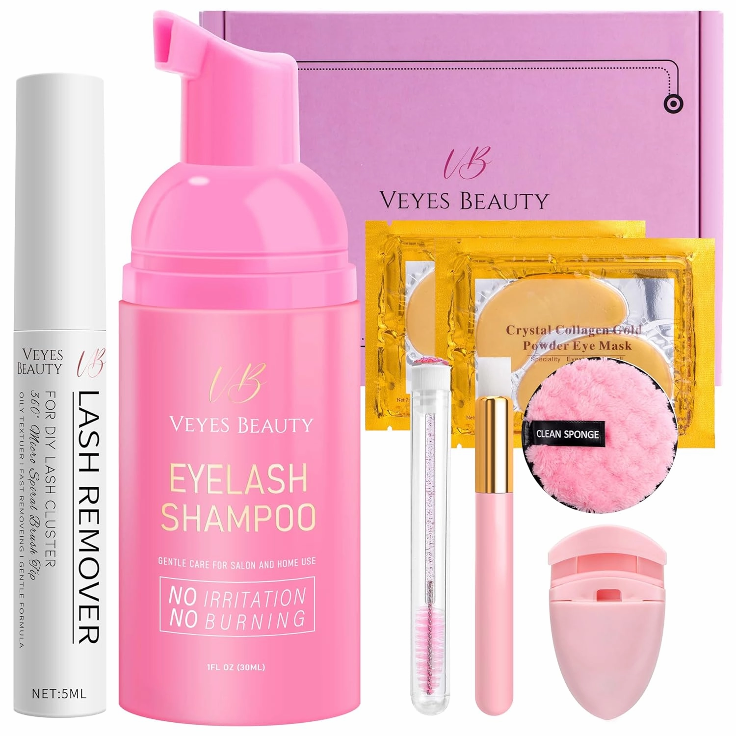 VEYESBEAUTY Lash Shampoo Eyelash Extension Cleanser Lash Cleaning Kit Lash Wash Supplies for Lash Extensions, With Remover, Shampoo, Gel Eye Patch, Eyelash Curler, Cleansing Brush, Mascara Wand