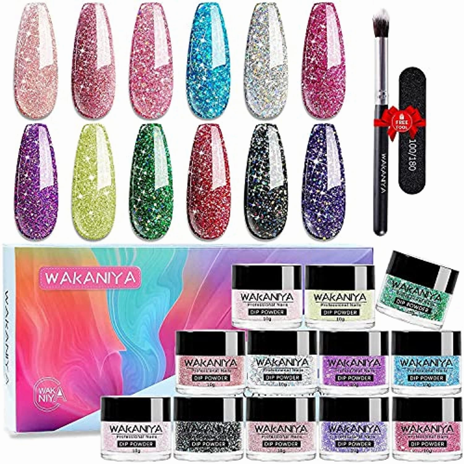 Wakaniya Dip Powder Kit Bundle-48Pcs Dip Powder Nail Kit, 24 Colors Changing Glitter Dipping Powder Kit for Starter and Professionals Gift Home Salon DIY