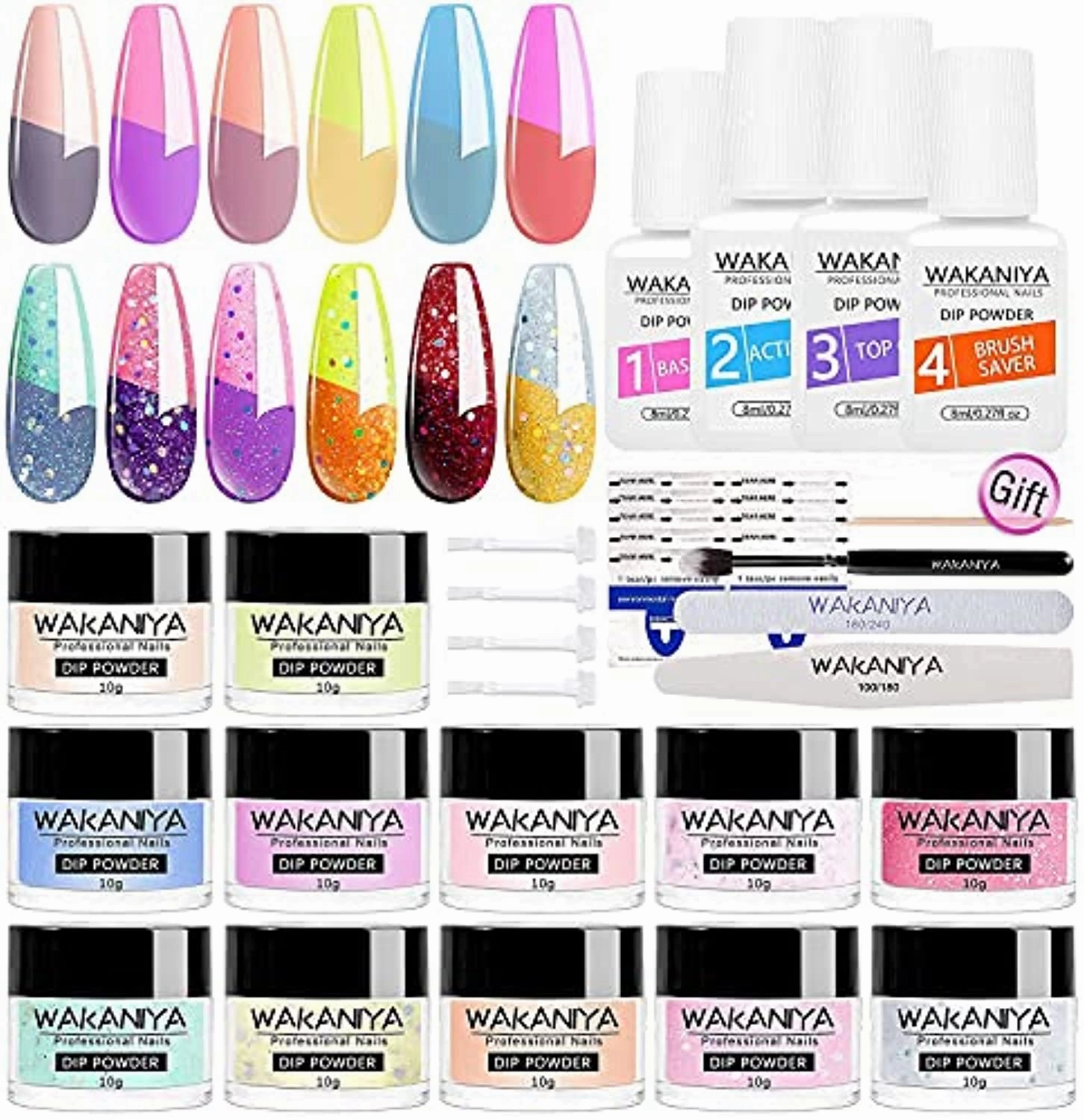 Wakaniya Dip Powder Kit Bundle-48Pcs Dip Powder Nail Kit, 24 Colors Changing Glitter Dipping Powder Kit for Starter and Professionals Gift Home Salon DIY