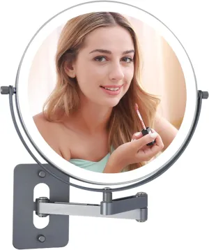 Wall Mounted Lighted Makeup Vanity Mirror 9 Inch Double Sided 1X 5X Magnifying Mirror Bathroom Shaving Mirror, 3 Color Lighting, Touch Screen Dimming, Extended Arm 360 Rotation Mirror,Aluminum