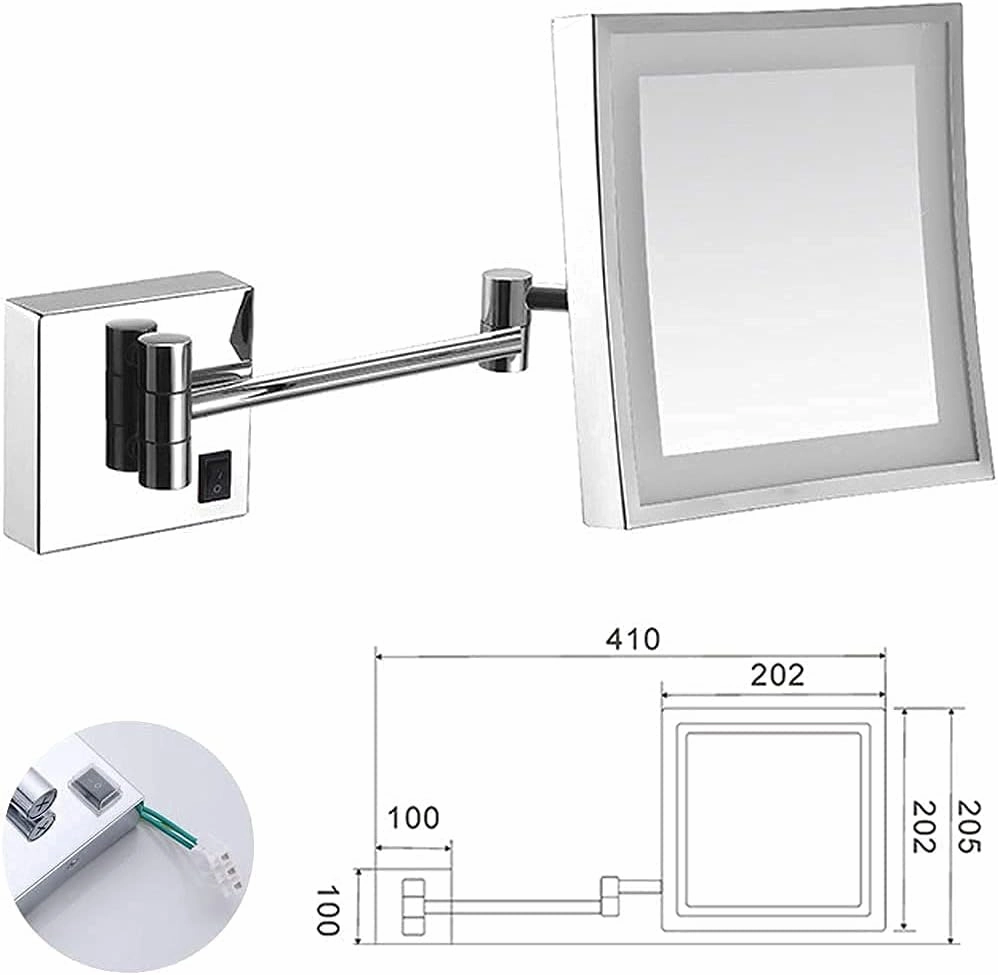 Wall Mounted Mirrors Makeup Shaving Mirror Led Lighted Bathroom Mirror for Hotel Vanity with Adjustable Extendable Square 8 Inch 3X Magnification Cosmetic Mirror, Chrome