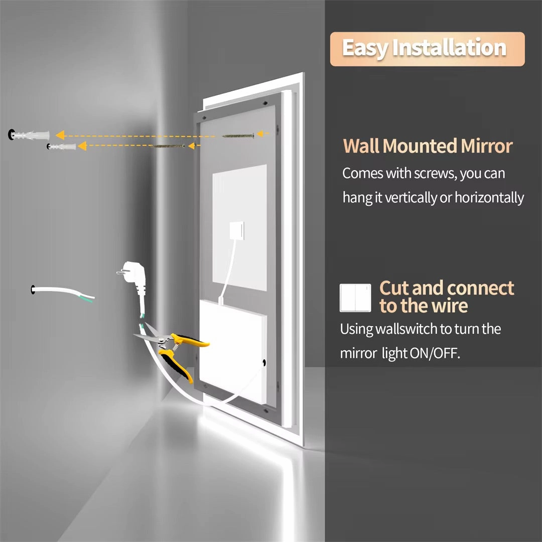 Wall-Mounted Square LED Bathroom Mirror with Anti-Fog and Dimmable Lights, 28 Inch
