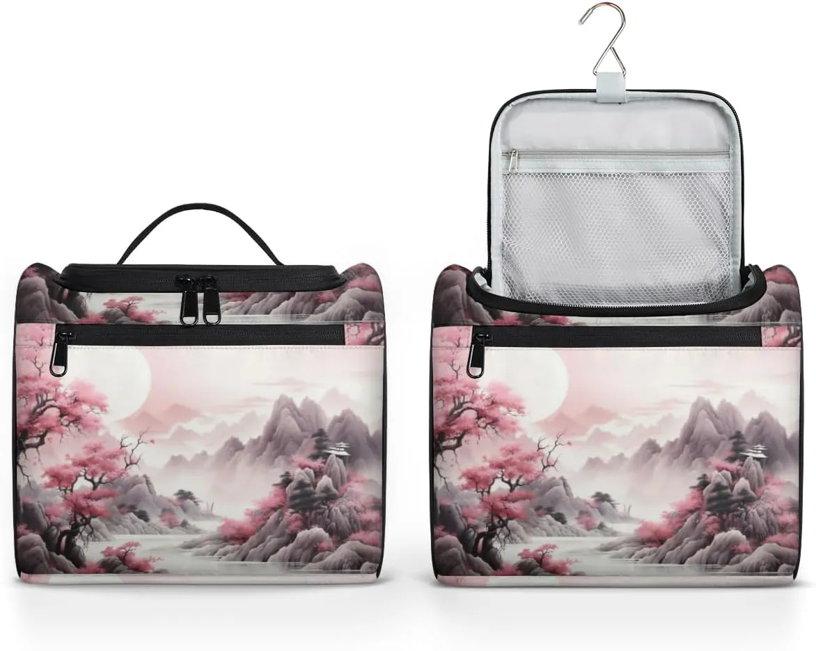 Watercolor Valley Scene Painting Hanging Toiletry Bags Travel Makeup Bag Water-resistant Makeup Cosmetic Bag Travel Organizer