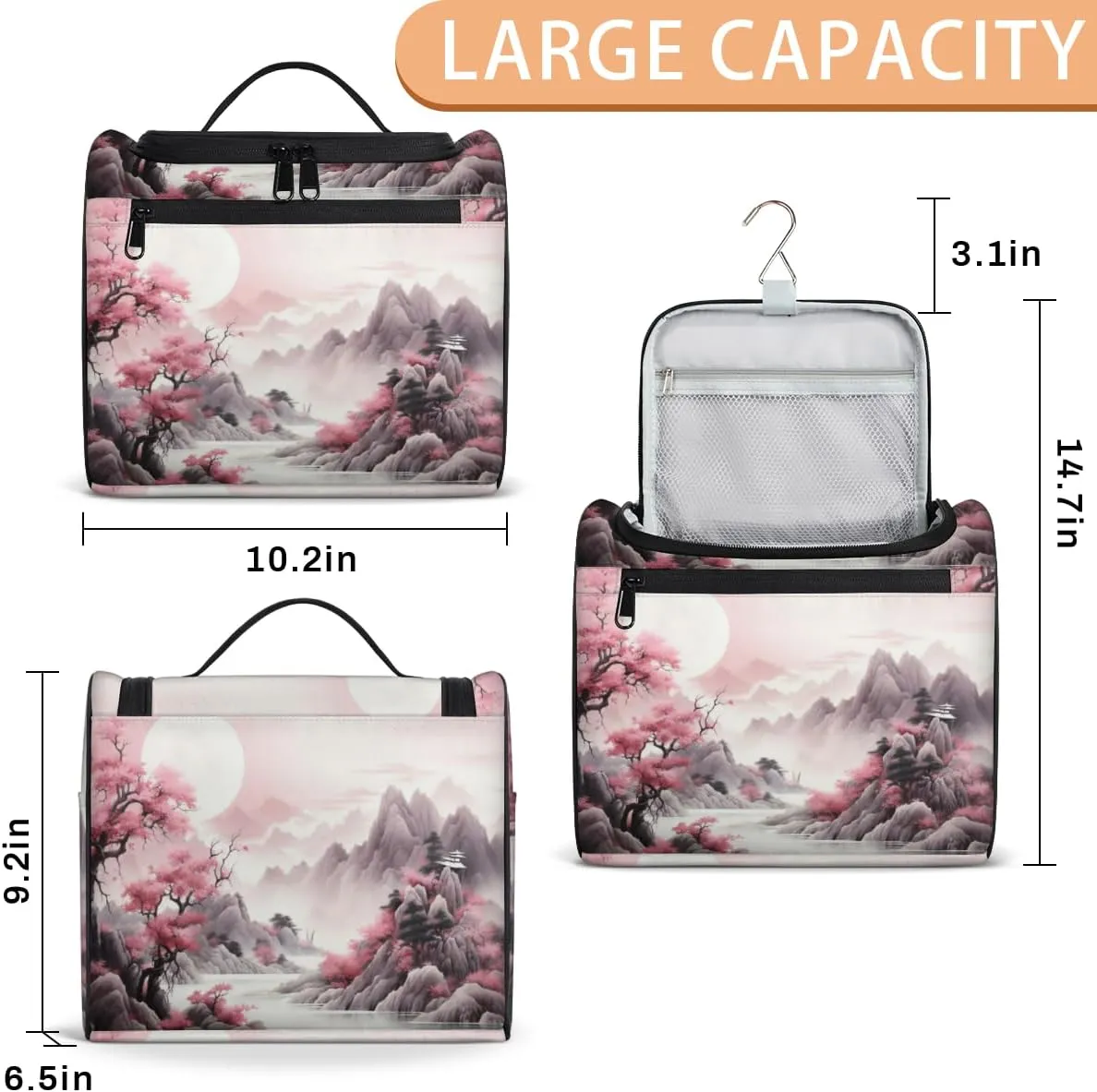 Watercolor Valley Scene Painting Hanging Toiletry Bags Travel Makeup Bag Water-resistant Makeup Cosmetic Bag Travel Organizer